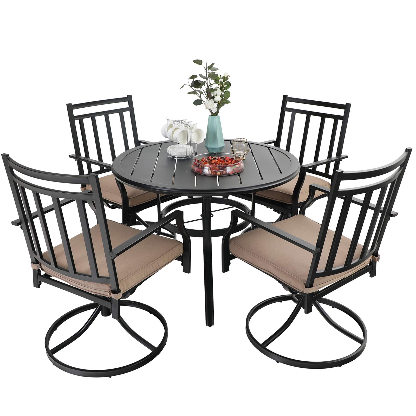 MFSTDIO 5-Piece Outdoor Dining Set - Black Metal Patio Furniture with 4 Steel Chairs (Cushioned) & 37.8