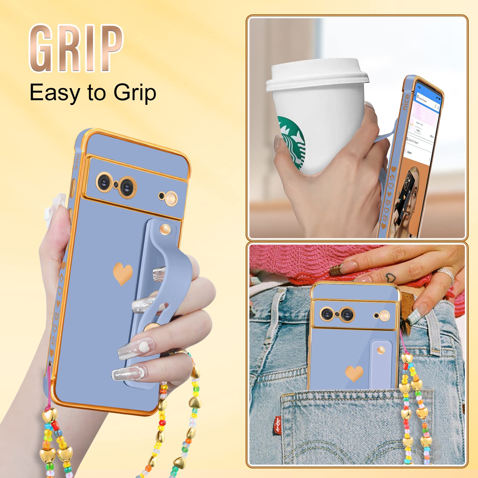 Coralogo Heart Design Google Pixel 7 Case 6.3 inch - Cute Aesthetic Phone Cover with Stand & Chain for Women (Dark Blue Gold Love Hearts) - Perfect for Everyday Use, Travel & Gift Giving