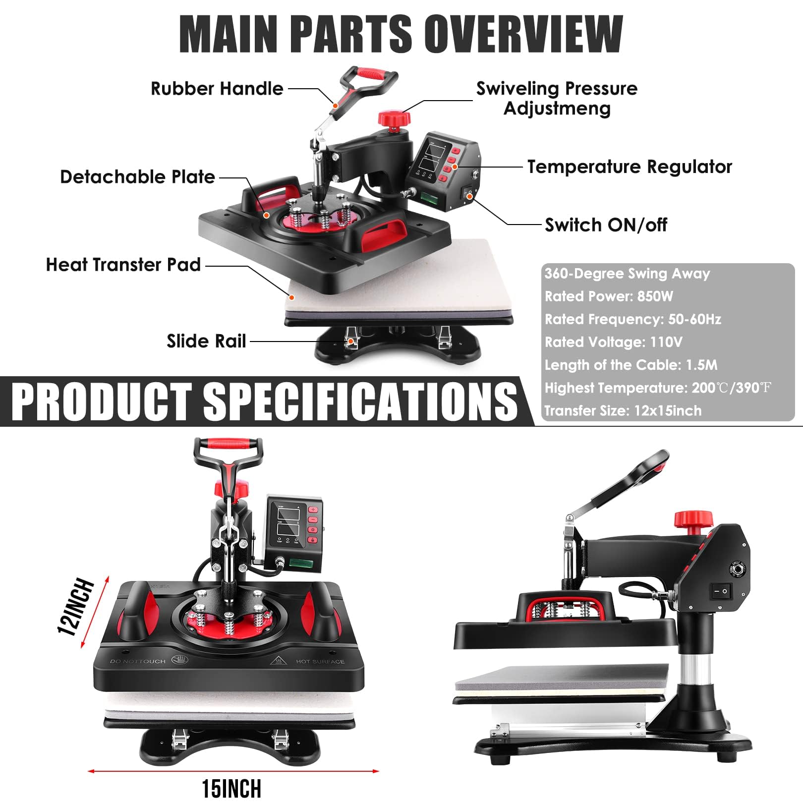Upgraded 8-in-1 Digital Heat Press Machine 12x15 Inch - 360° Swing Away Multifunction Sublimation Transfer Machine with Tumbler Press for T-Shirts, Mugs, Hats & Plates - Perfect for Home & Commercial Use (DIY Crafts, Custom Apparel, Small Business Printing)