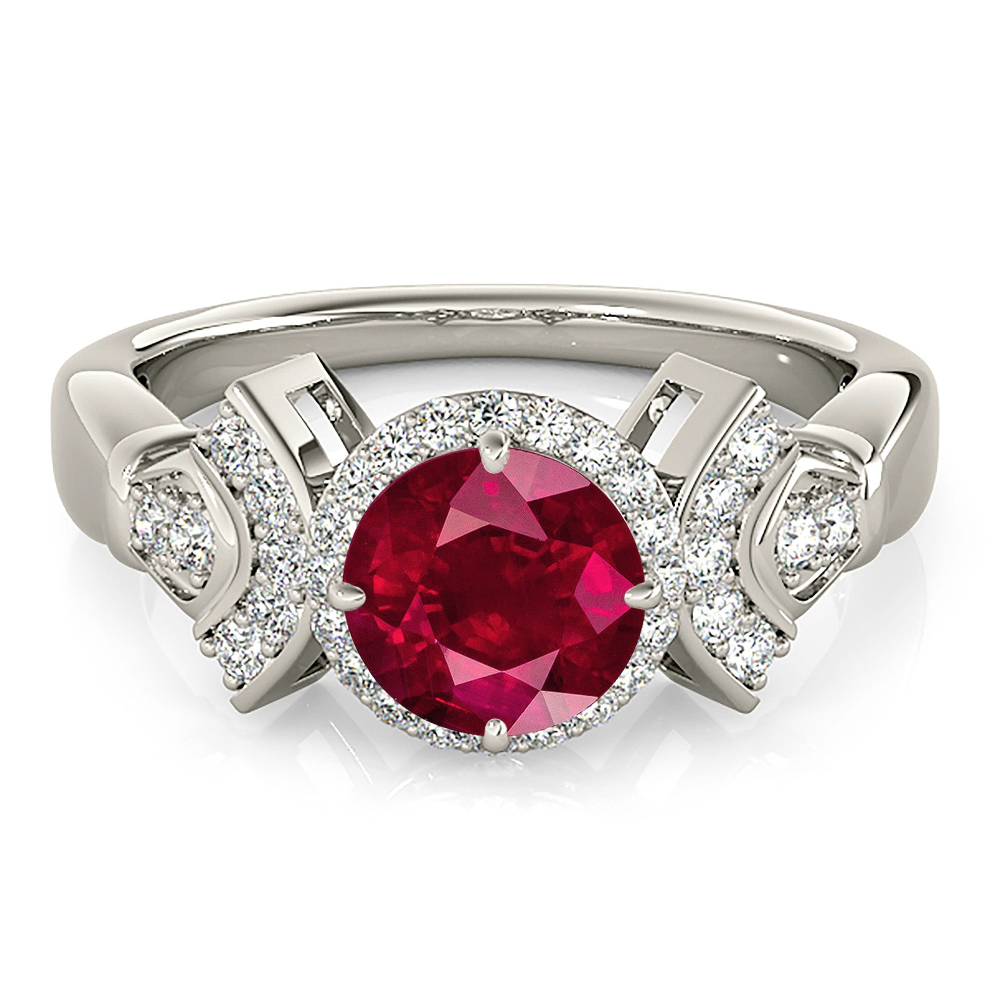 1.45 Carat Genuine Ruby Ring with Halo & Diamond Band - Elegant Fancy Design for Weddings, Anniversaries & Special Occasions