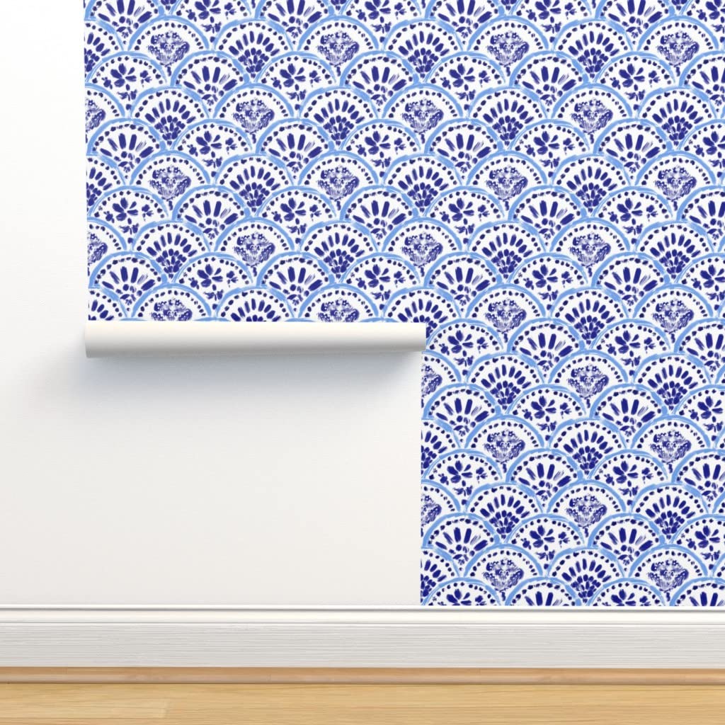 12ft x 2ft Removable Blue Scalloped Wave Wallpaper - Japanese Style Navy Peony White Chinoiserie Design | Pre-Pasted Peel & Stick Wallpaper for Bedroom, Living Room, Nursery Decor by Spoonflower