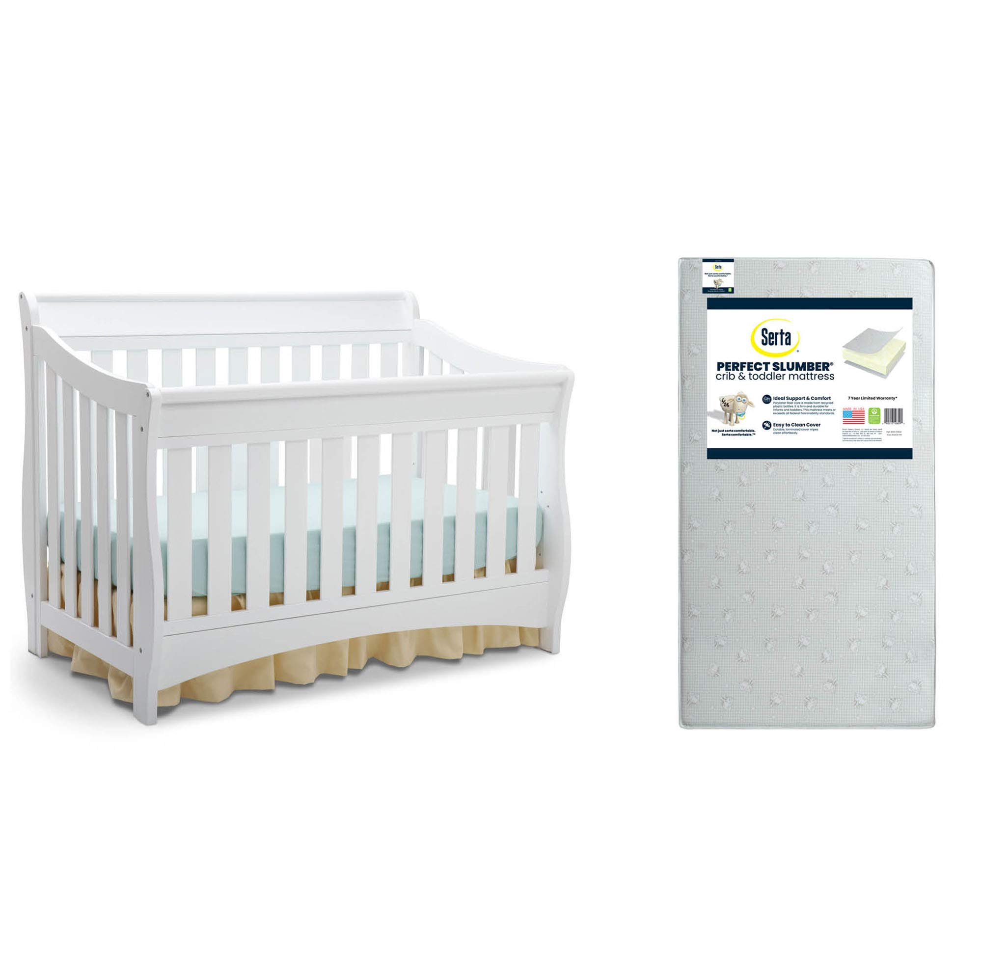 Delta Children Bentley S Series 4-in-1 Convertible Crib in White with Serta Perfect Slumber Dual-Sided Eco-Friendly Crib Mattress - Nursery Essentials for Newborns & Toddlers | Safe Sleep Solution for Baby's First Bedroom