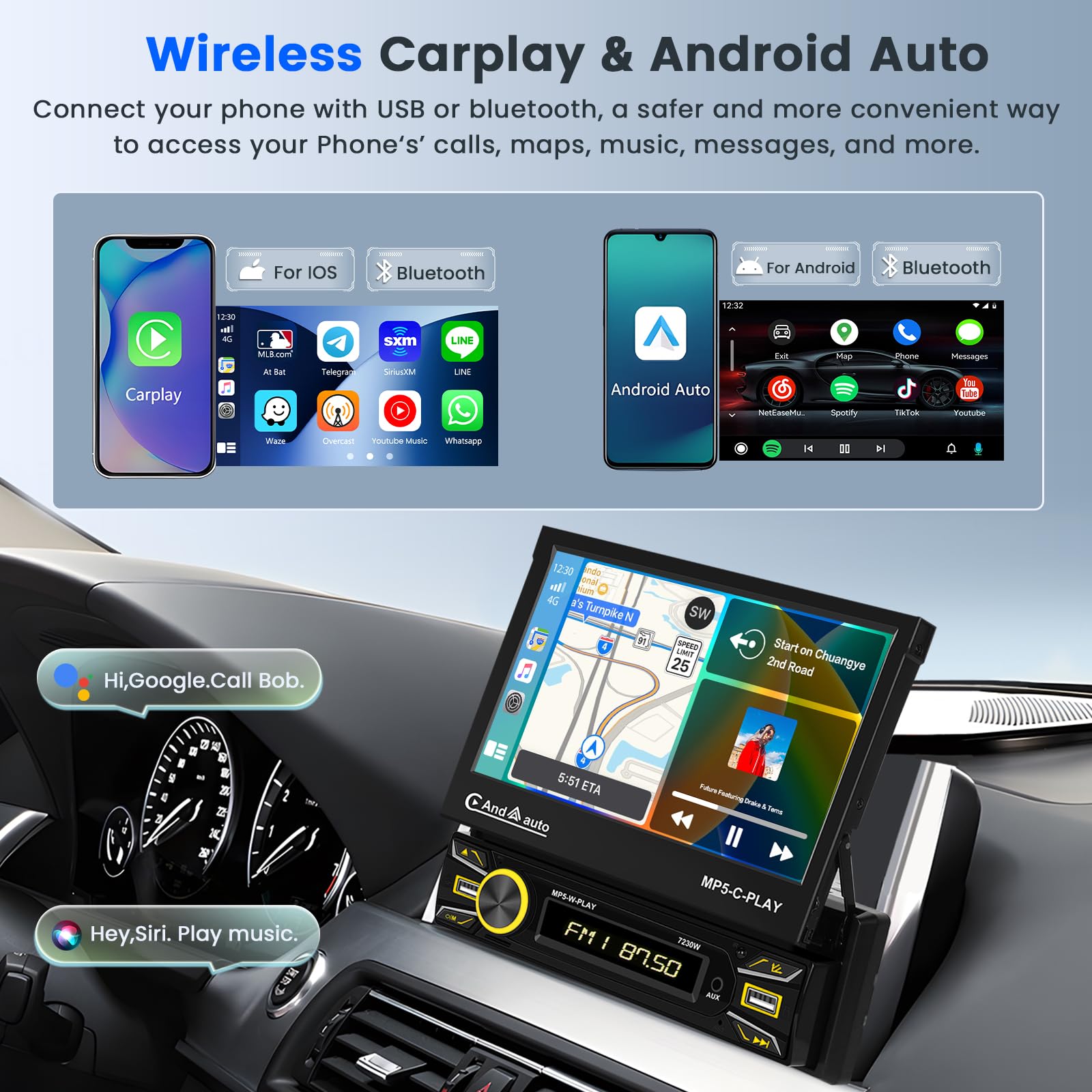 Hikity 1 Din Wireless CarPlay & Android Auto Car Stereo - 7