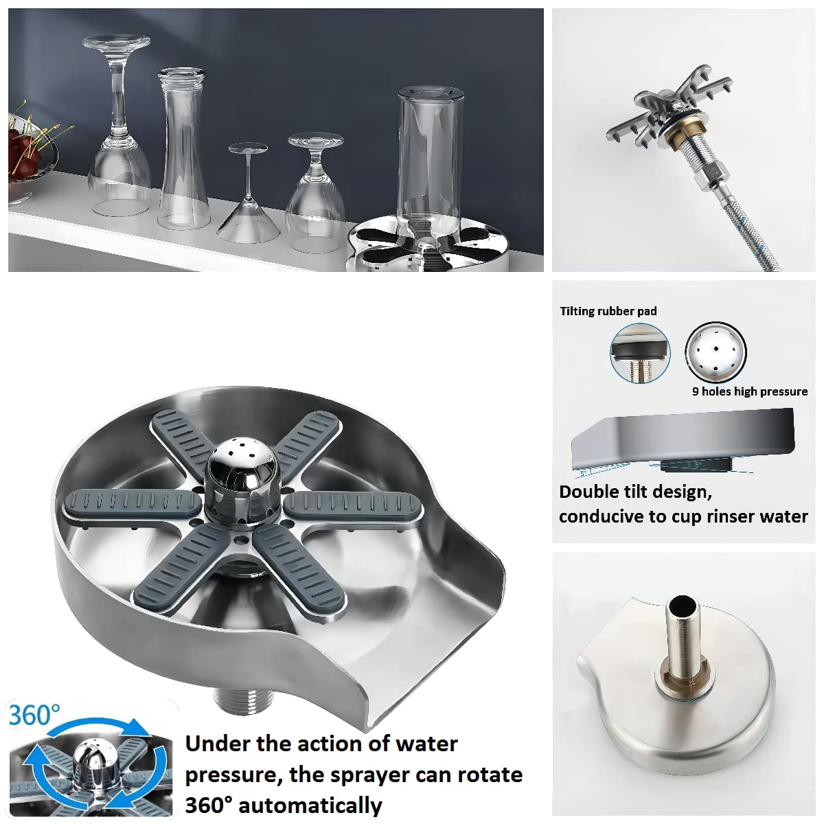360° Rotary Stainless Steel Glass Rinser - 9 Hole Faucet Attachment for Kitchen Sinks | Brushed Nickel Cup Cleaner & Bottle Washer | Perfect for Bars, Restaurants and Home Dishwashing Stations