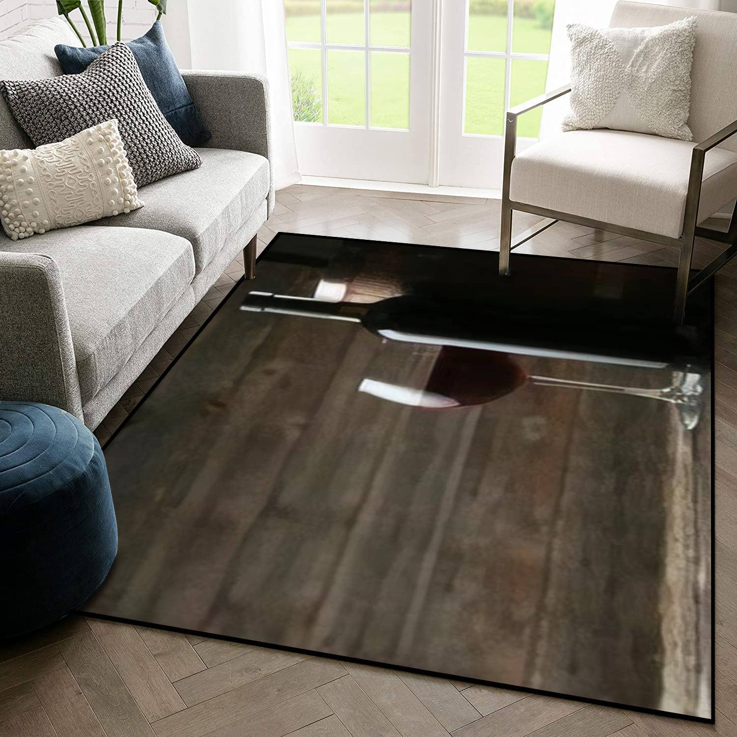 Non-Slip Indoor/Outdoor Area Rug - Red Wine Glass with Bottle and Barrel Design on Grey Wooden Floor Pattern - Perfect for Living Room, Coffee Table, Dining Area, and Home Decor Gifts