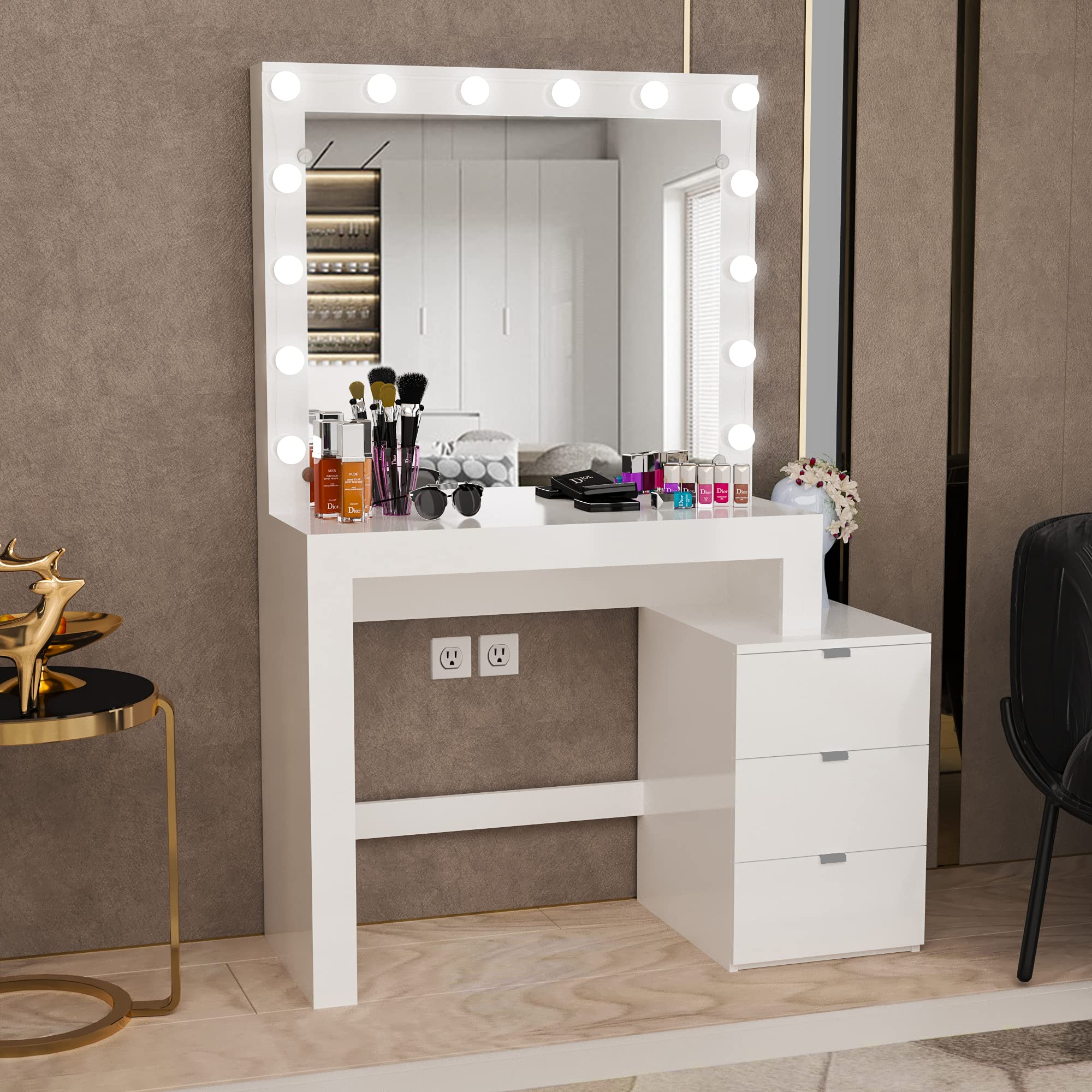 Boahaus Aurora Modern Vanity Table with LED Lights - White Finish Dressing Table for Bedroom, Makeup Vanity with Mirror & Stool - Perfect for Glam Room, Bridal Suite & Home Decor