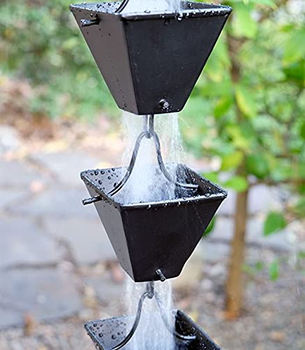 KAM HOME Medium Square Rain Chain Cups - 15 Inch Black Metal Rainwater Diverter for Garden, Patio, and Downspout Decoration | Outdoor Water Feature Accessory
