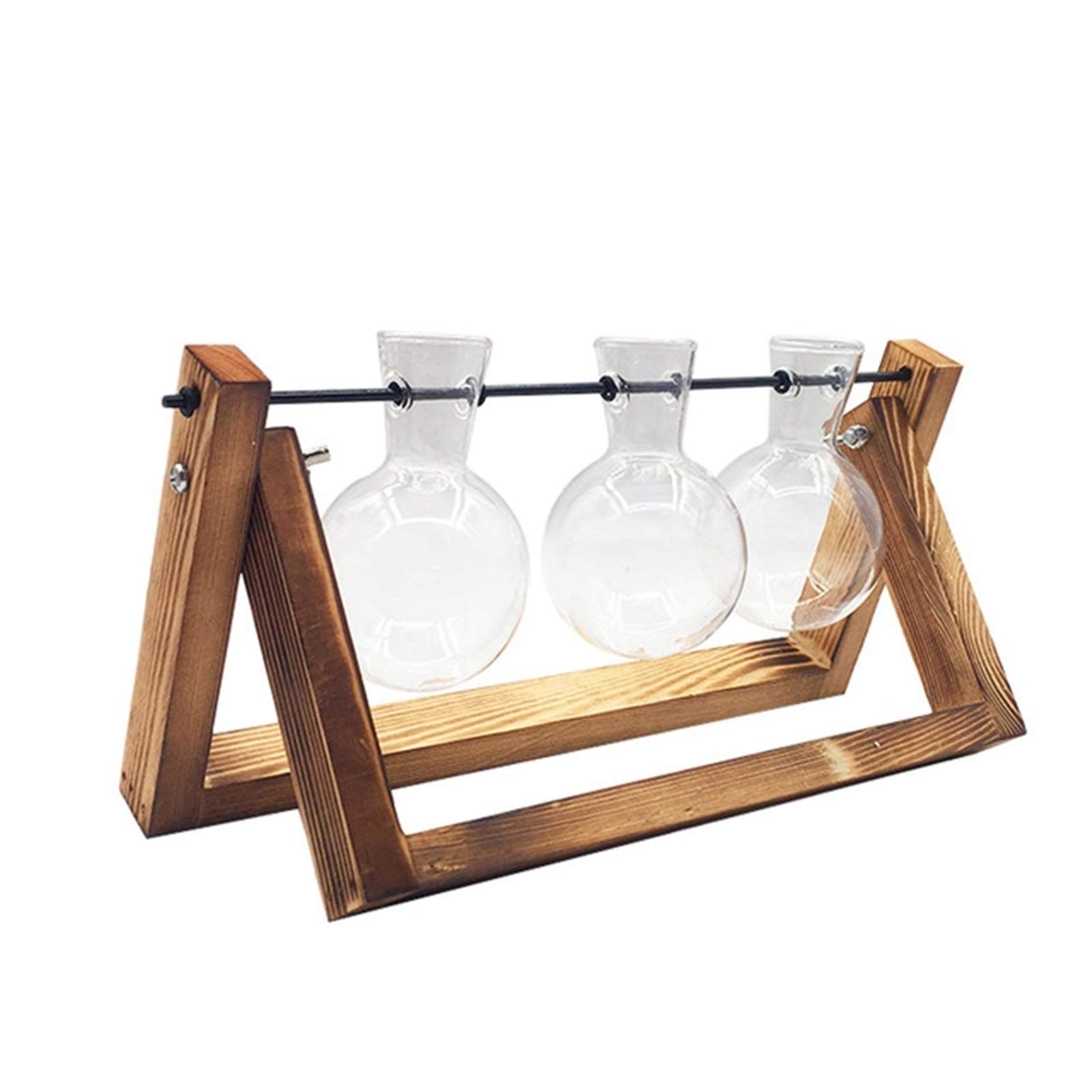 Retro Wooden Stand Glass Planter Bulb Vase with Metal Swivel Holder - 3 Bottle Hydroponics Terrarium for Home, Office, Wedding & Garden Decor | Perfect for Succulents, Air Plants & Indoor Greenery Display