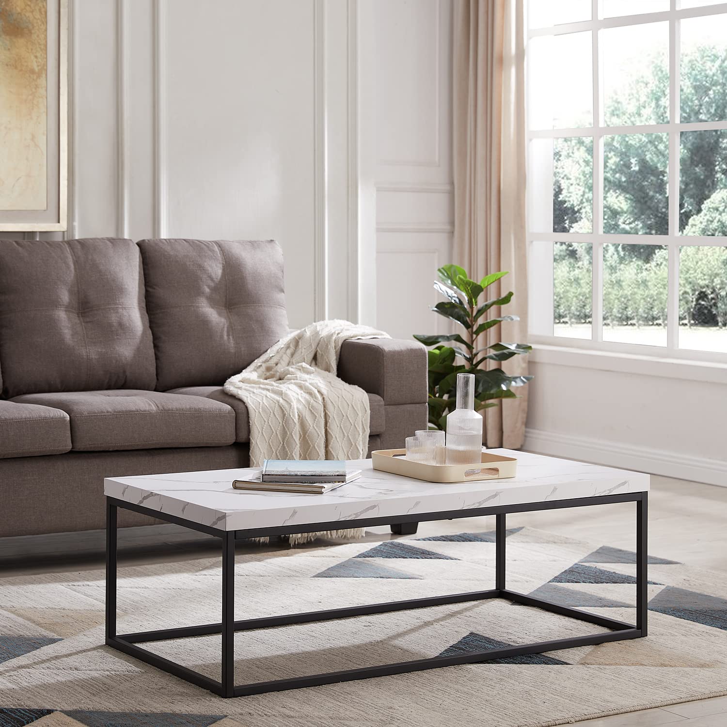 Modern Industrial CENSI 47-Inch Rectangle Marble Coffee Table Ottoman with Wood & Metal Base - White Marble Top for Living Room, Lounge & Office Decor