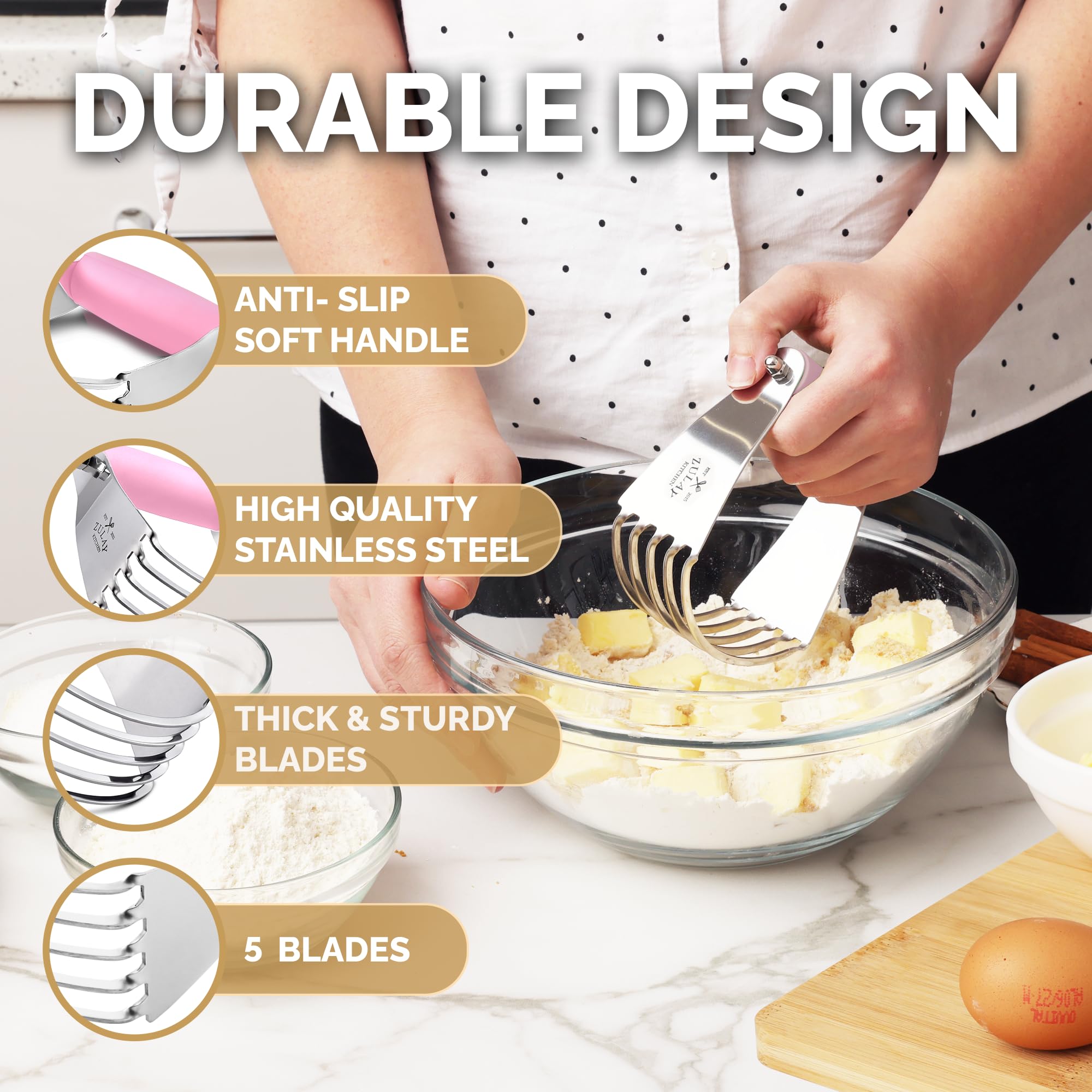 Zulay Kitchen Stainless Steel Dough Blender - Heavy Duty Pastry Cutter with 5 Blades, Butter Cutter & Baking Tool for Pies, Cookies, Biscuits - Perfect for Home Bakers & Professional Chefs (Pink)