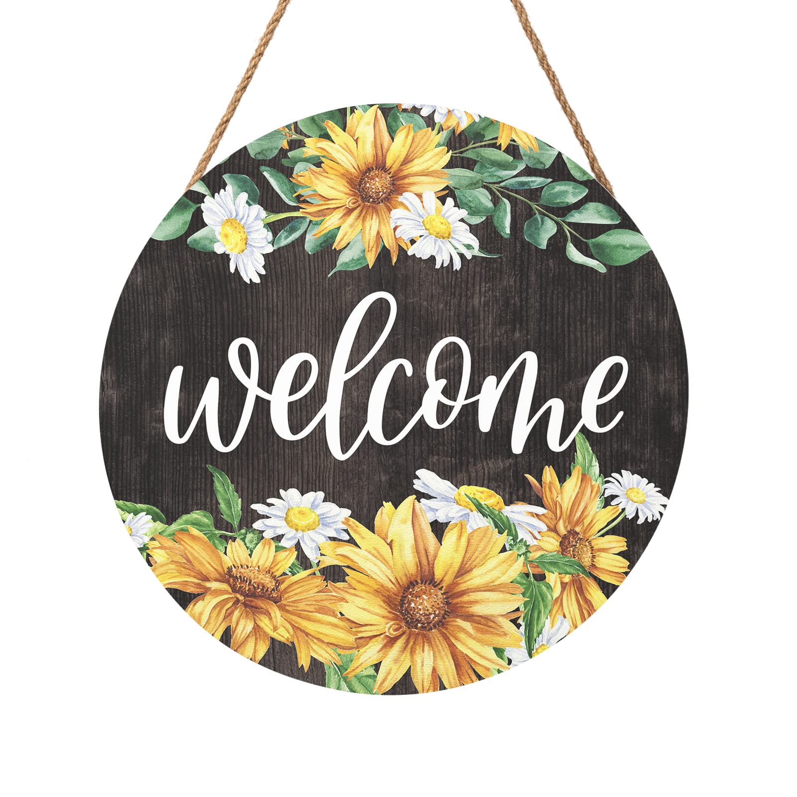 Sunflower Welcome Sign - 12 Inch Round Wood Hanging Decor for Farmhouse Porch, Front Door & Kitchen - Rustic Sunflower Wall Art for Indoor/Outdoor Home Decor - Perfect for Summer, Fall & Farmhouse Style