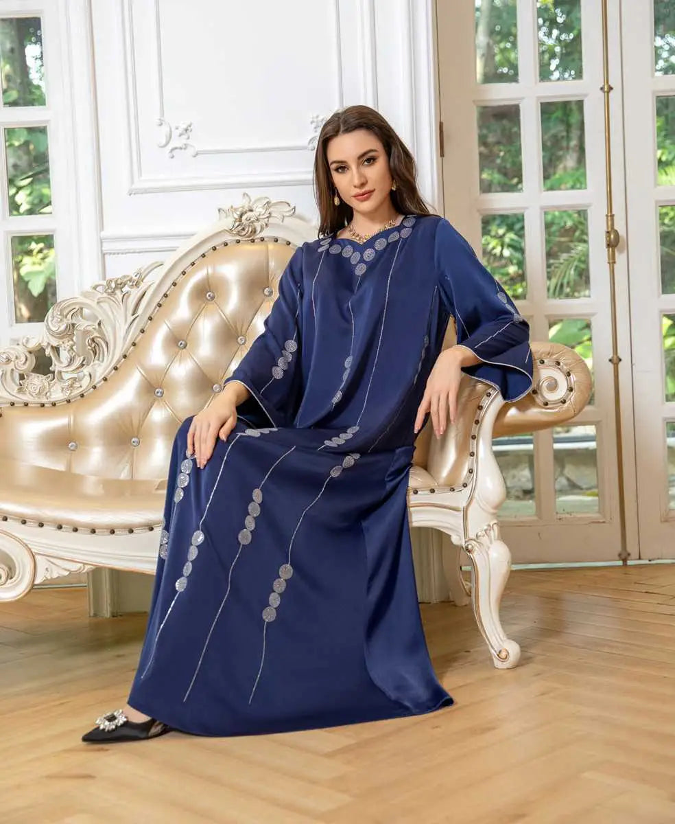 Elegant Hotfix Rhinestone Satin Jalabiya Caftan Dress for Women - Perfect for Eid Celebrations, Weddings & Special Occasions