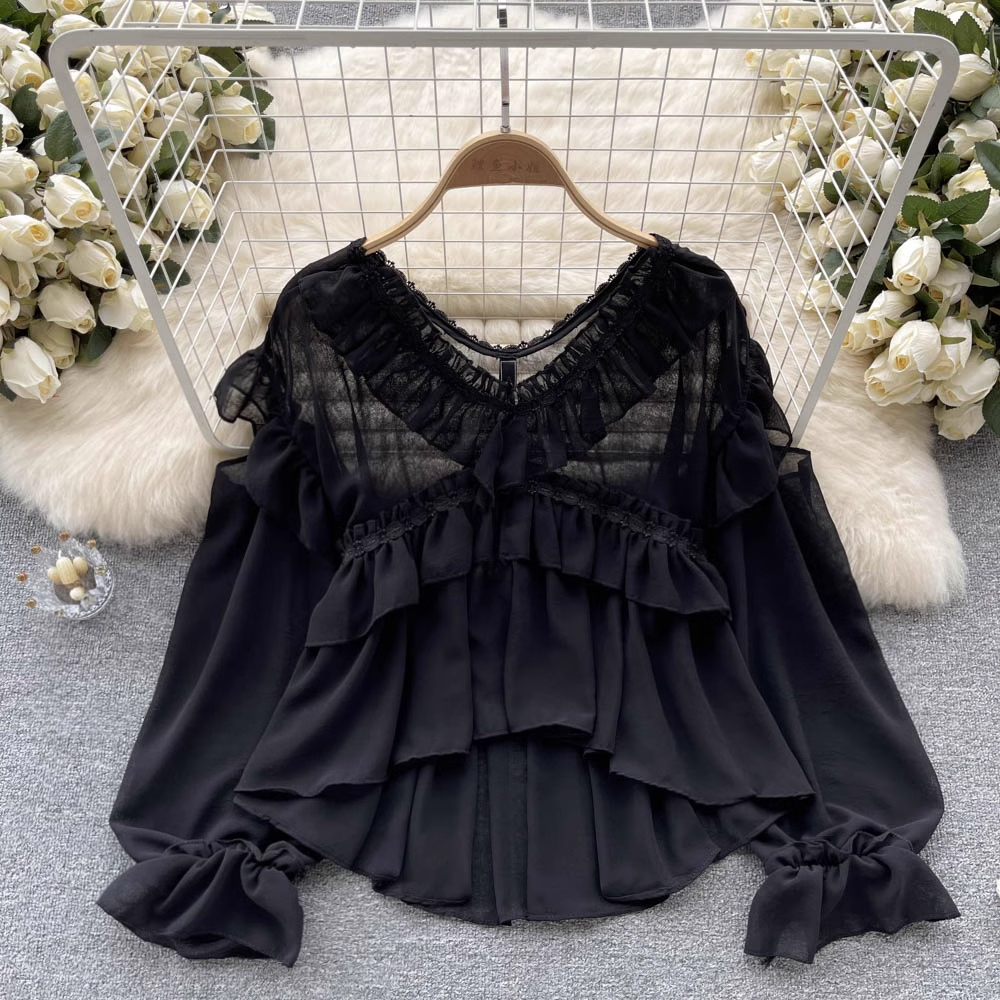 Stylish Irregular Ruffle Shirt with Bell Sleeves - Fairy Top 1067 for Women | Boho Chic Blouse for Casual Wear, Date Night & Festival Outfits