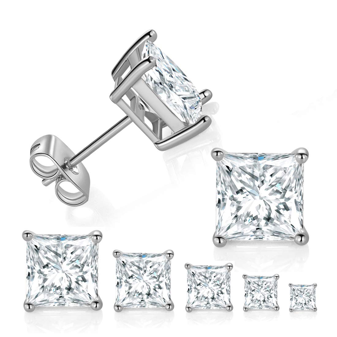 5 Pairs 18K White Gold Plated Princess Cut Cubic Zirconia Stud Earrings for Women & Men - Elegant Square CZ Studs for Everyday Wear, Parties & Gifts