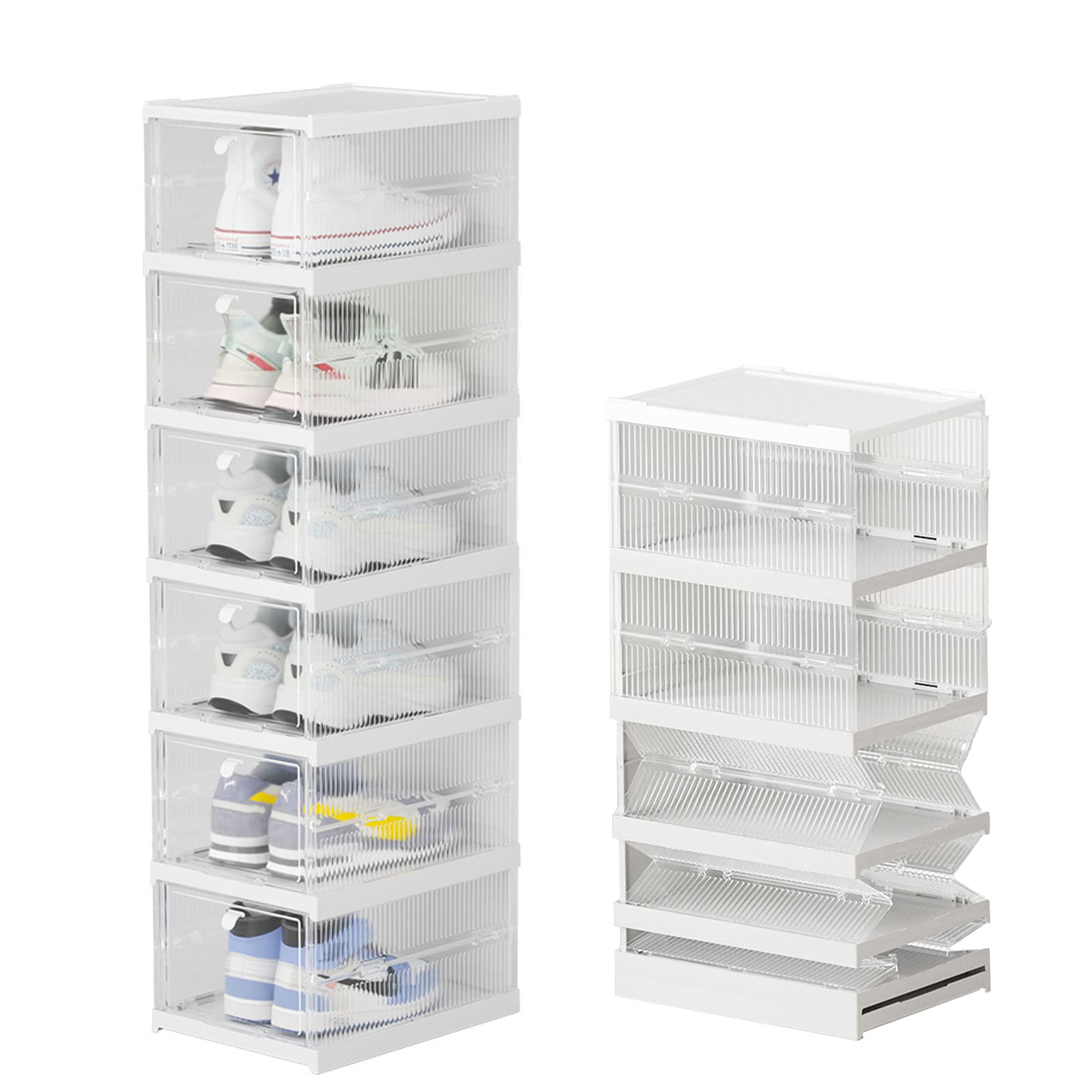 6-Tier Clear Plastic Shoe Storage Organizer - Stackable & Foldable Shoe Cabinet with Doors - Holds Up to US Size 11 - Space Saving & Easy Assembly - Perfect for Closet, Bedroom, Entryway Organization