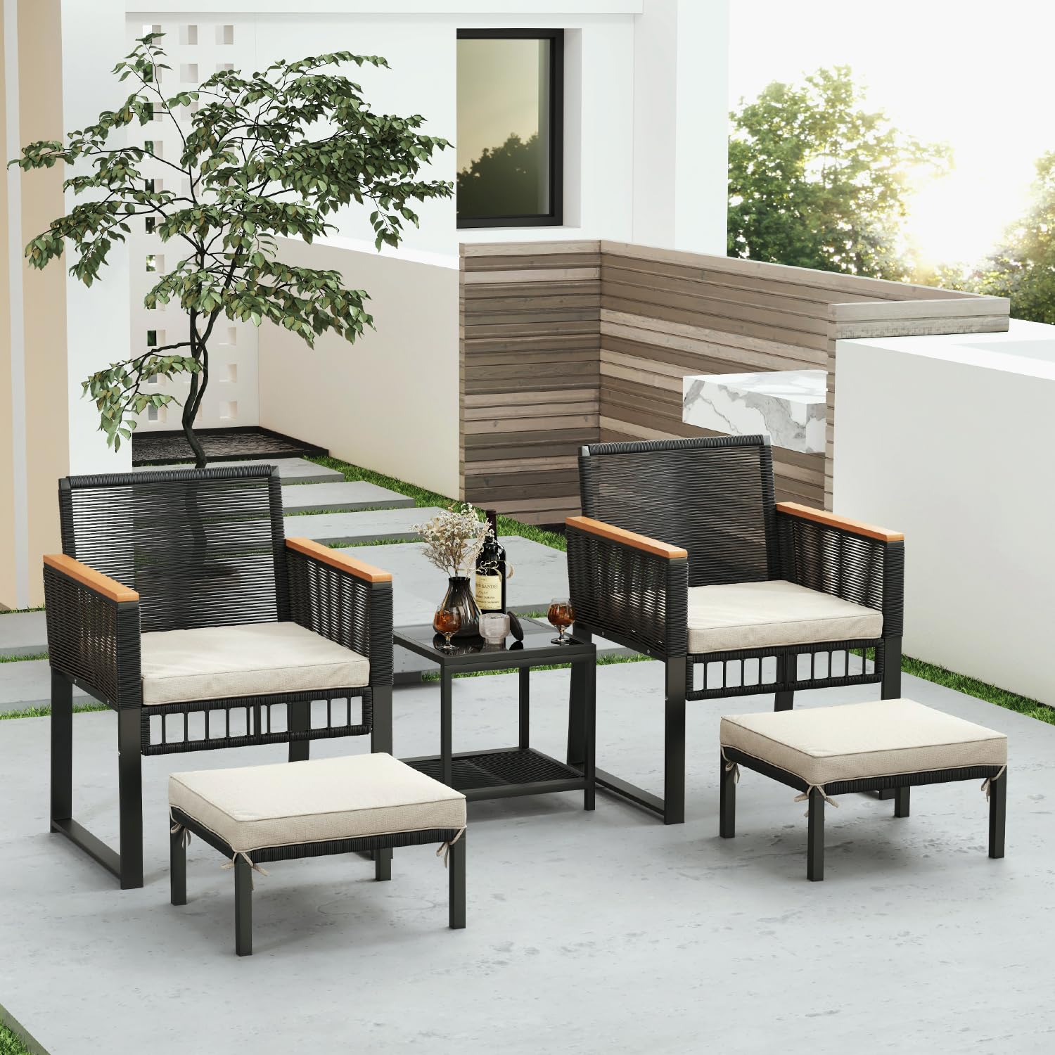 5-Piece Outdoor Patio Furniture Set with Wicker Chairs, Coffee Table & Ottoman - Durable Rattan Conversation Set for Porch, Balcony, Backyard, Poolside Relaxation | Perfect for Outdoor Entertaining & Lounging