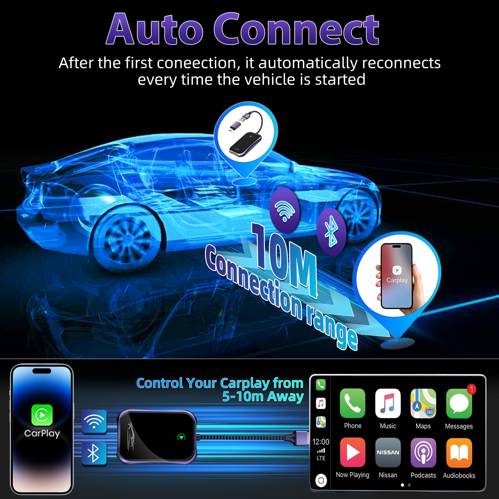 2024 Wireless CarPlay Adapter - Convert Wired to Wireless for iPhone | Plug & Play Apple CarPlay Dongle | Bluetooth Car Adapter for 2016+ Vehicles & iOS 10+ | Black | Perfect for Commuting & Road Trips