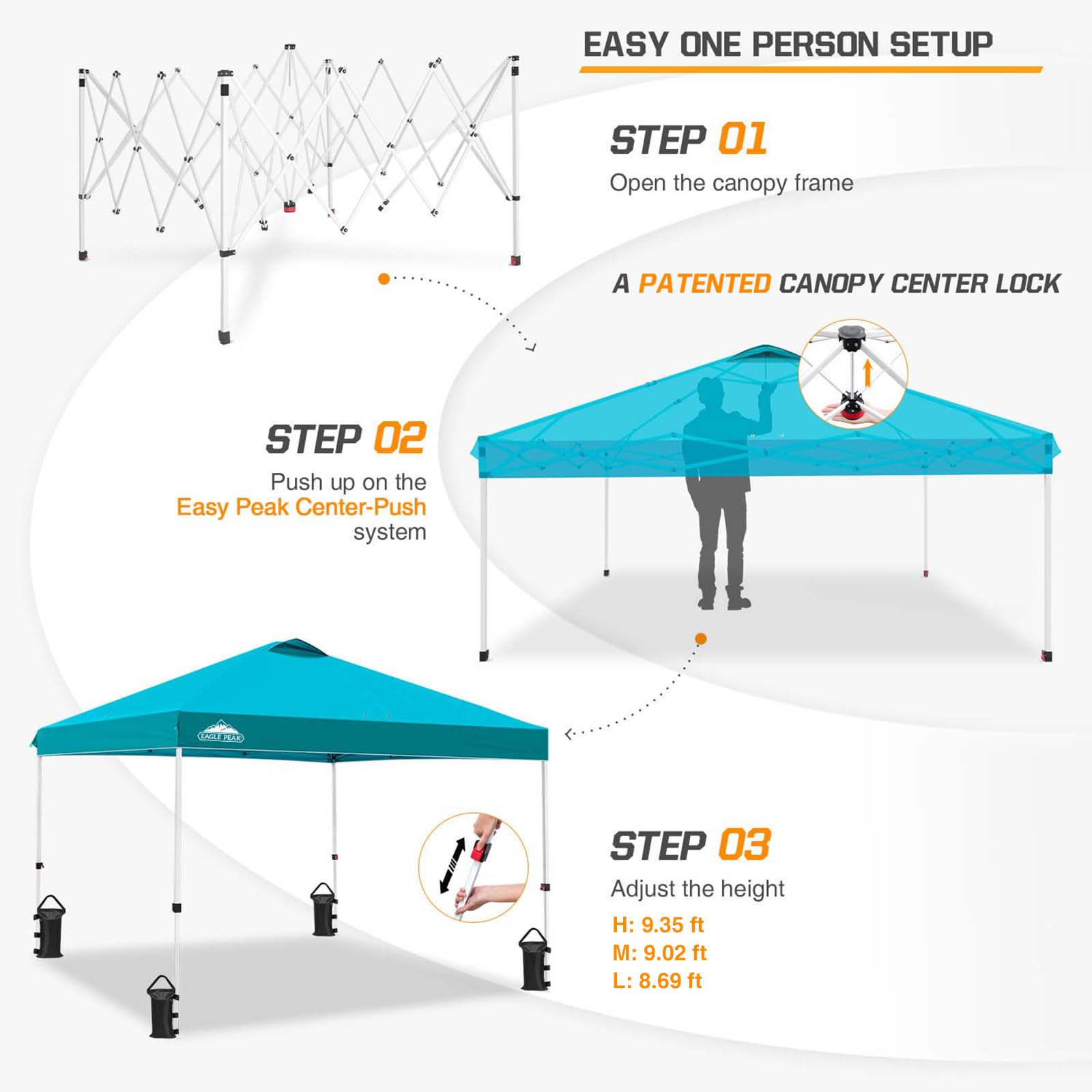 EAGLE PEAK 10x10 ft Pop Up Canopy Tent with Wheeled Carry Bag - Portable Instant Shelter for Outdoor Events, Beach, Camping & Backyard Parties - Includes 8 Stakes, 4 Ropes & 4 Weight Bags - Easy Setup 100sqft Shade in Turquoise