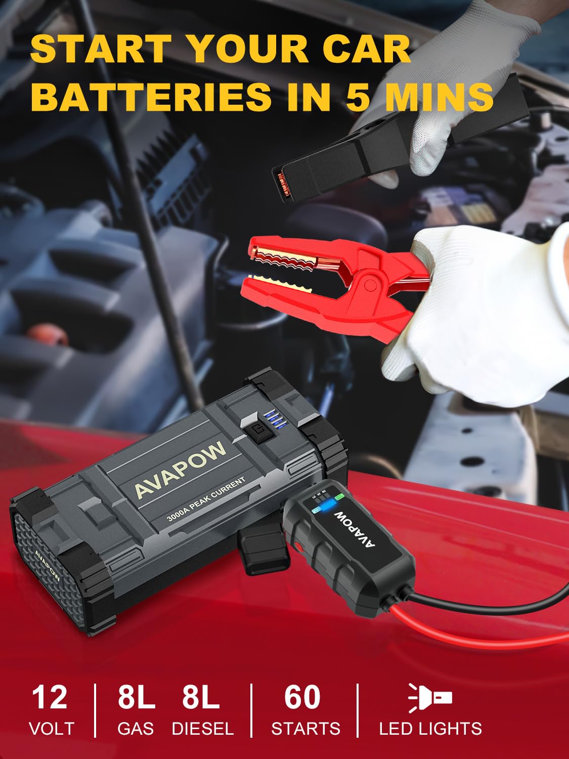 AVAPOW 3000A Peak Car Battery Jump Starter with Force Start Function - Portable Power Pack for 8L Gas & 8L Diesel Engines - 12V Lithium Jump Charger with Booster - Emergency Vehicle Starter for Roadside Assistance & Winter Travel