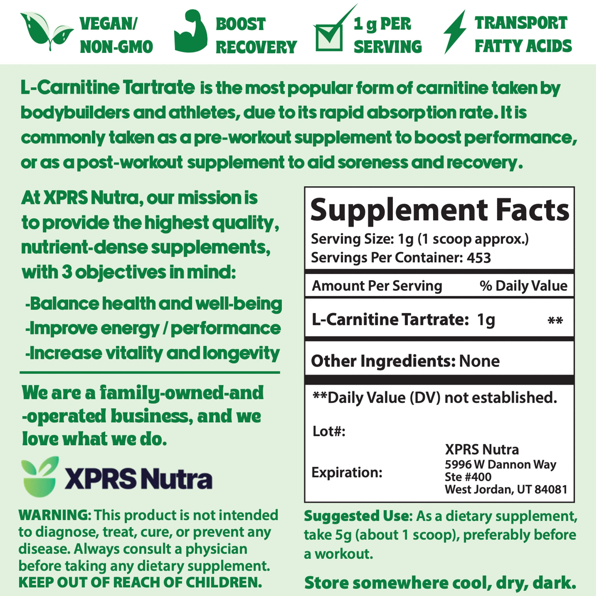 Premium Pure L-Carnitine L-Tartrate Powder - 16oz Vegan Amino Acid Supplement for Weight Loss & Energy Boost - Ideal for Workouts, Keto Diet & Athletic Performance