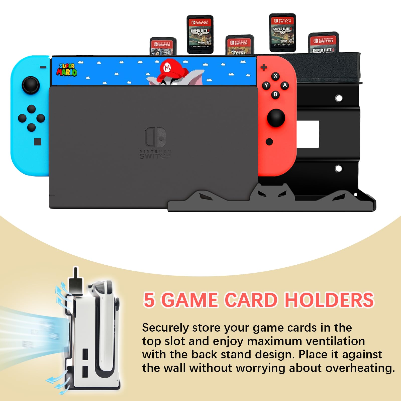 Nintendo Switch & Switch OLED Wall Mount Kit - Steel Bracket with 5 Game Card Holder & Joycon Controller Holder | Secure TV Wall Mount for Gaming Setup & Space Saving
