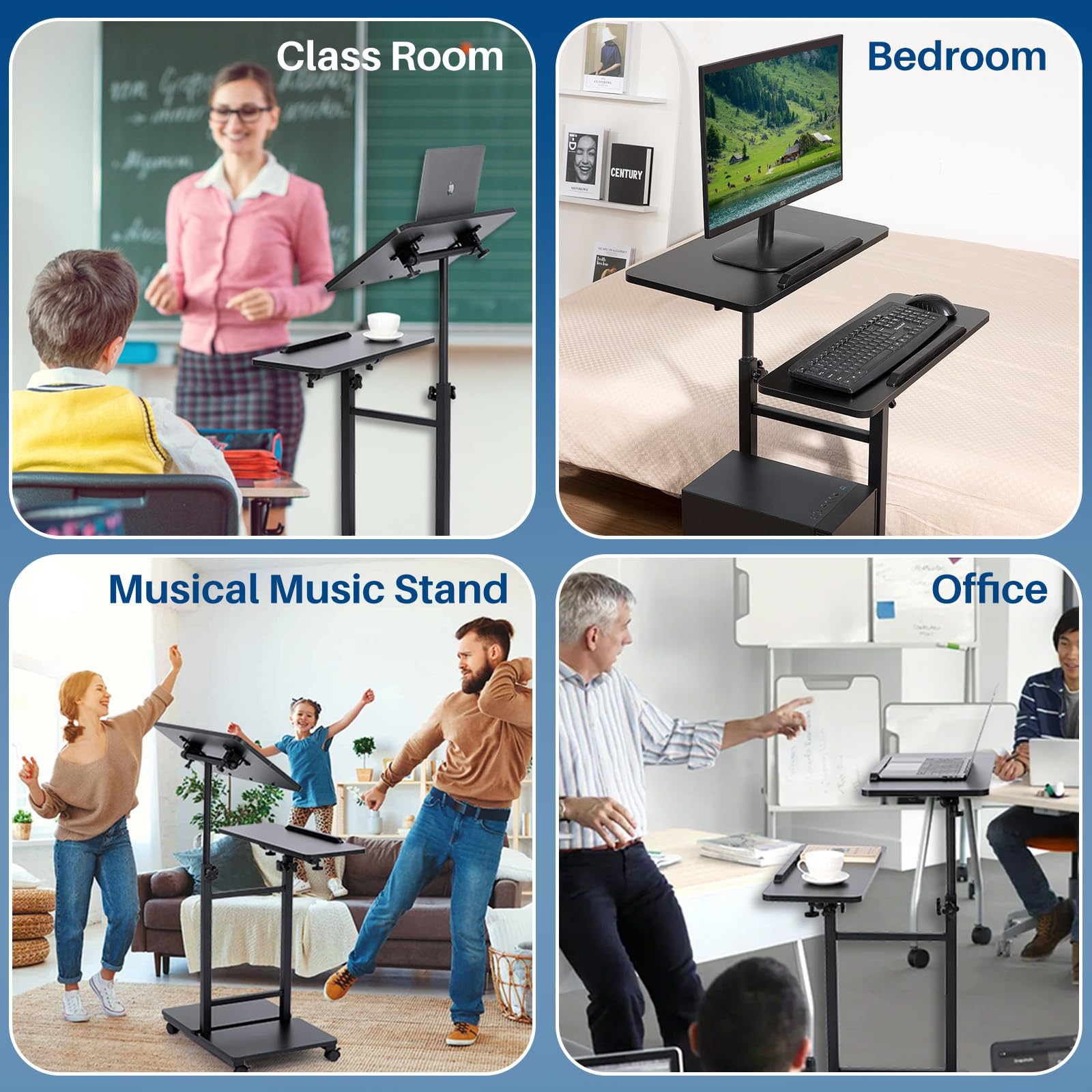 Adjustable Height Rolling Podium Stand with Storage - Portable Mobile Standing Laptop Desk for Classroom, Church & Office - Multi-Purpose Lectern Workstation with Swivel Top (Black) - Perfect for Presentations, Teaching & Remote Work