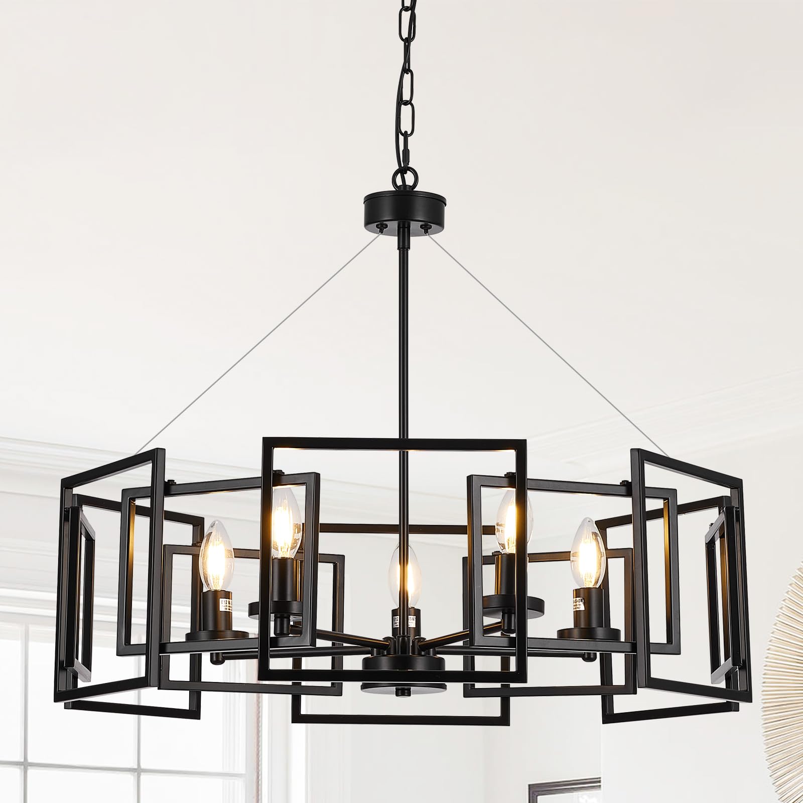 5-Light Black Geometric Chandelier - Adjustable Height Modern Industrial Pendant Light for Dining Room, Kitchen Island, Living Room, Bedroom & Entryway - Farmhouse Style Ceiling Fixture (Bulbs Not Included) - Perfect for Home Decor, Restaurant Lighting and Office Spaces