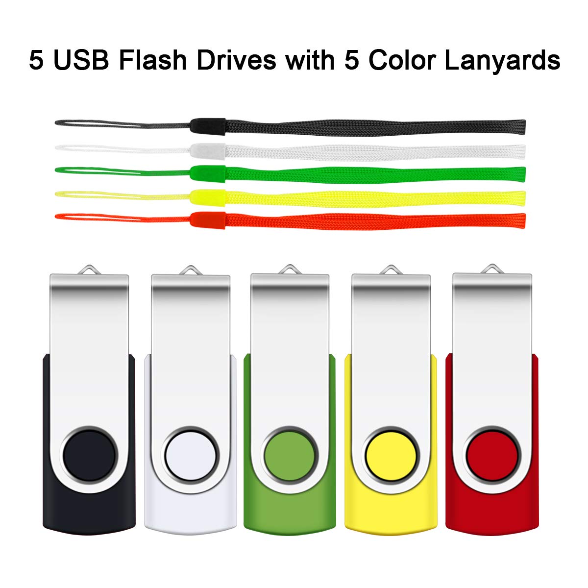 5-Pack 2GB USB Flash Drives with Lanyards - for Office & School Use