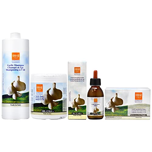Ever Ego Garlic Shampoo 33.8oz + Hair Mask 33.8oz + Body Lotion 4.25oz + Anti Hair Loss Treatment 10x10ml Set - Sulfate Free Hair Care for Dry Damaged Hair & Scalp Health - Home Salon Use