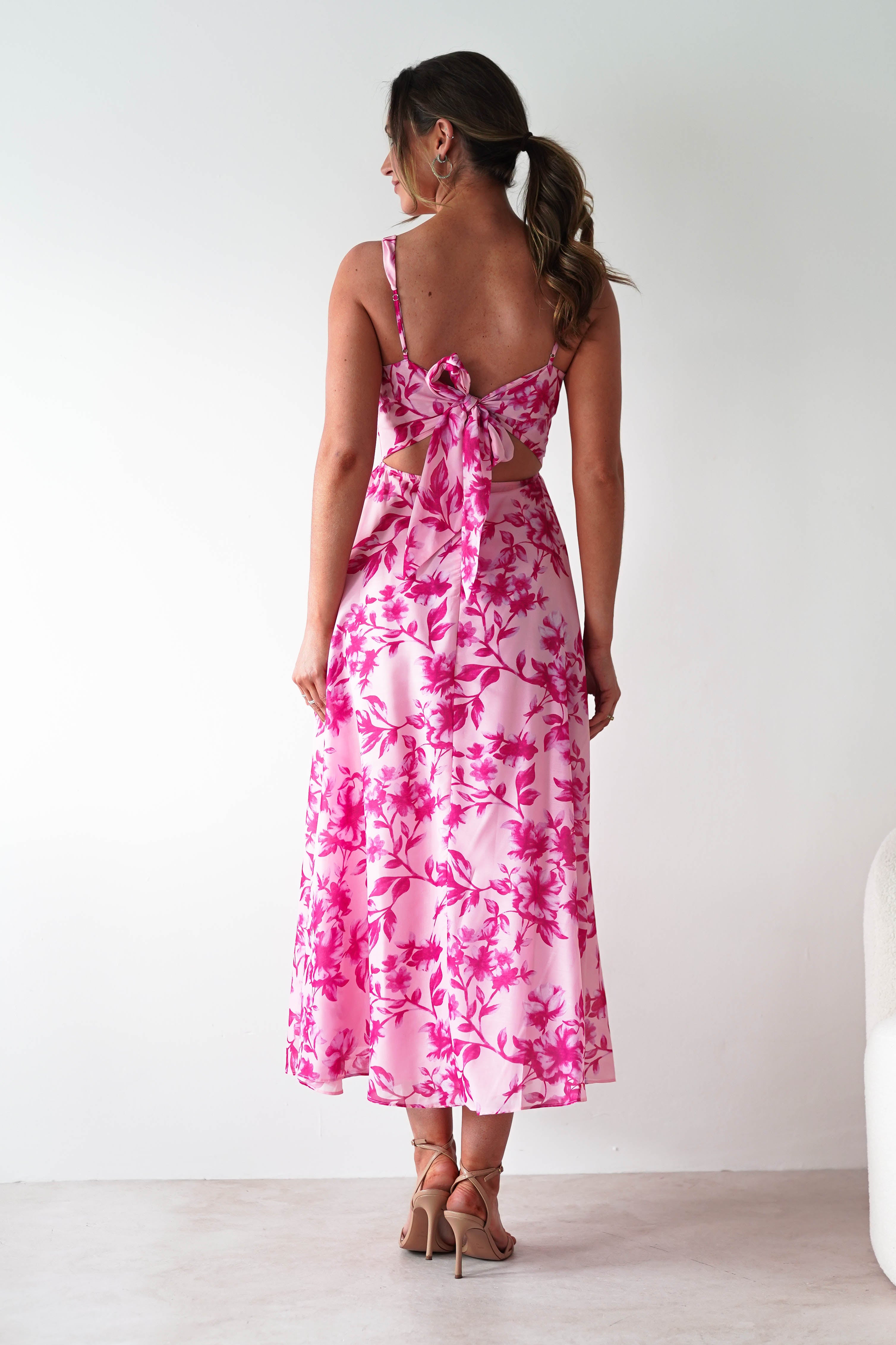 Maisie Floral Print Skater Maxi Dress for Women - Elegant Pink A-Line Long Dress with Flowy Skirt | Perfect for Summer Weddings, Beach Vacations & Casual Outings