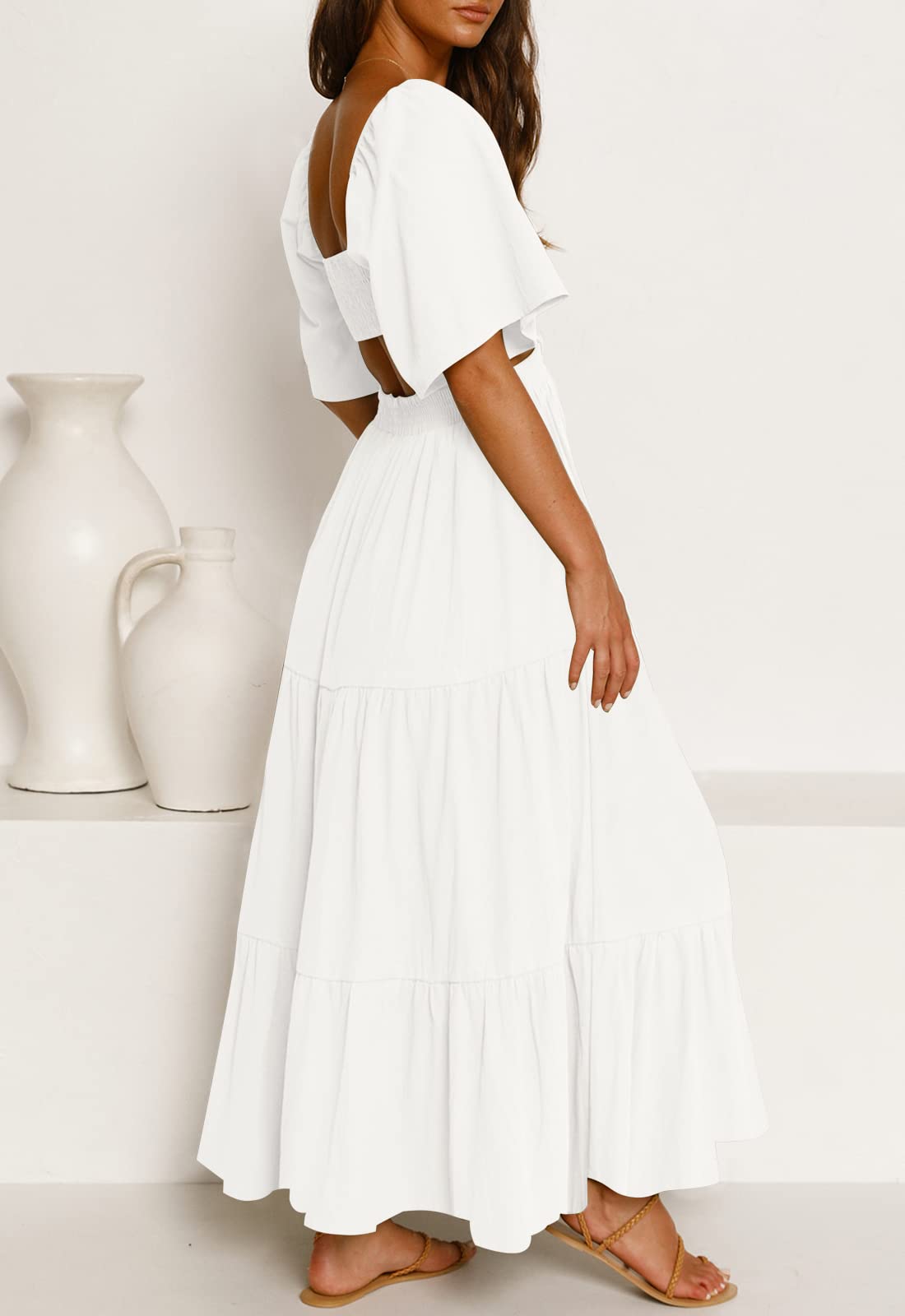 LEANI Women's 2025 Summer Cutout Maxi Dress - Square Neck Short Sleeve Crossover Waist Casual Party Dress for Beach Vacation, Wedding Guest & Evening Out