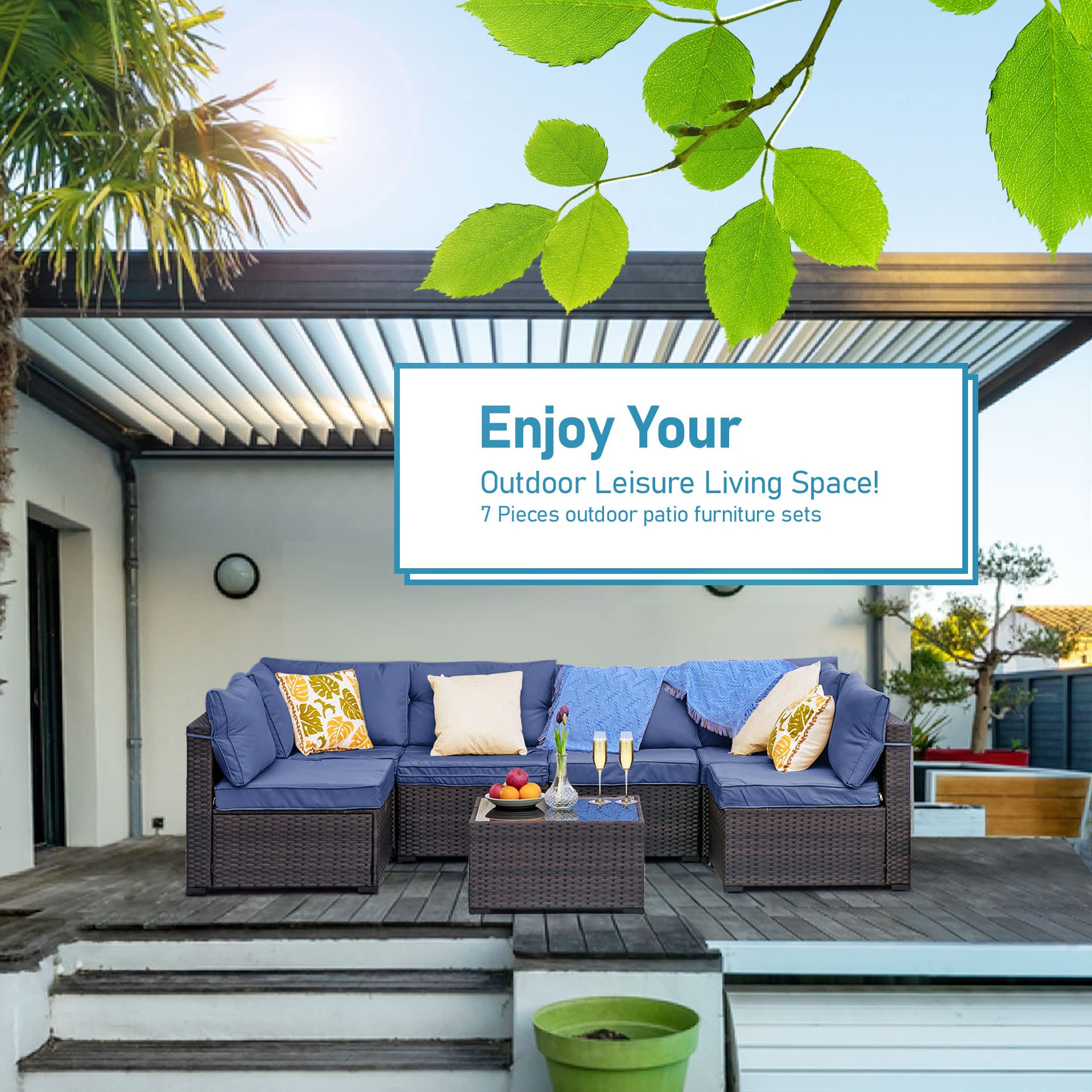 7-Piece Outdoor Patio Furniture Set - Rattan Conversation Sectional Sofa with Coffee Table - Hand-Woven Wicker Patio Set for Garden, Poolside & Backyard Relaxation