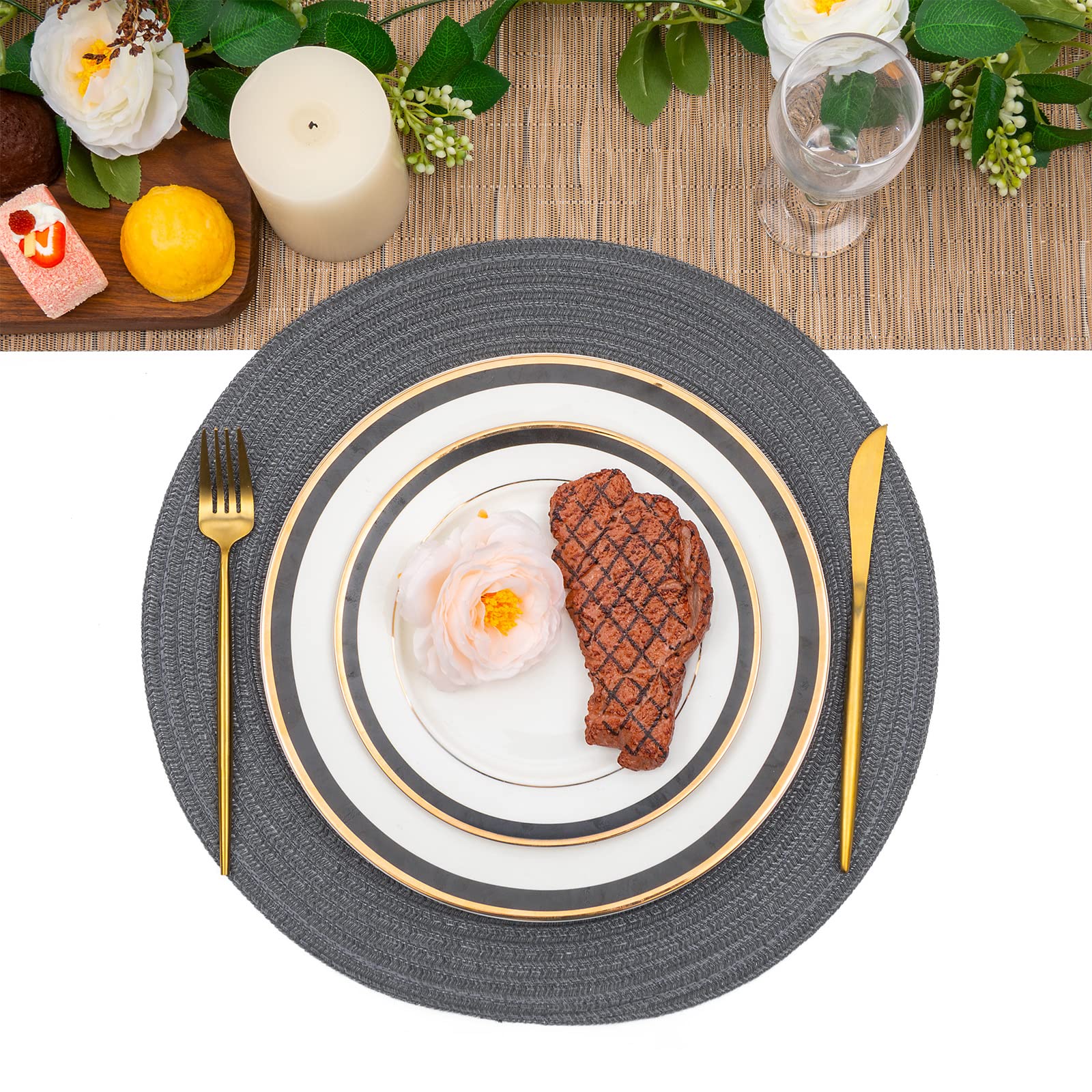 SHACOS 15 Inch Round Placemats Set of 6 - Washable Cotton Polyester Woven Braided Table Mats for Dining Room, Kitchen, and Outdoor Use (Charcoal Gray)