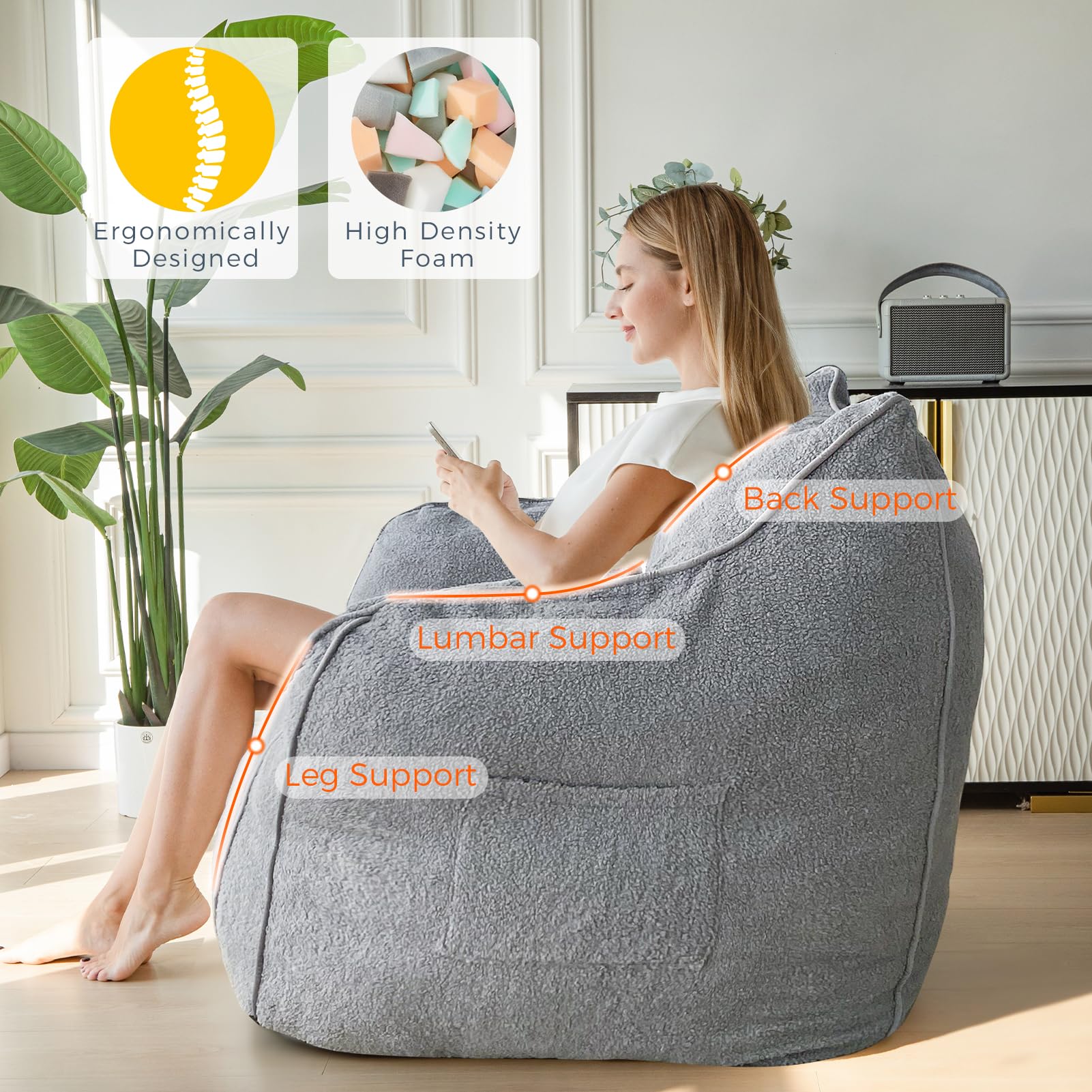MAXYOYO Giant Bean Bag Chair for Adults - Large Fluffy Bean Bag Couch with Decorative Edges, Grey - Perfect for Living Room, Bedroom, Game Room & Dorm Relaxation