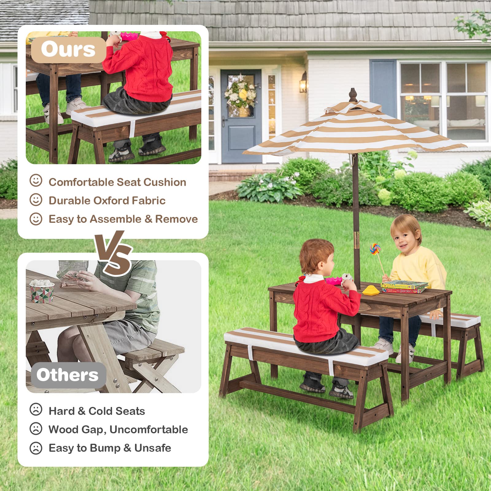 HONEY JOY Kids Picnic Table Set - Outdoor Wooden Table & Bench with Removable Cushions & Umbrella - Striped Fabric Children's Backyard Furniture for Patio, Garden, Playground - Perfect Gift for Toddler Boys & Girls Ages 3+ (Coffee) - Ideal for Outdoor Play, Birthday Parties & Family Gatherings