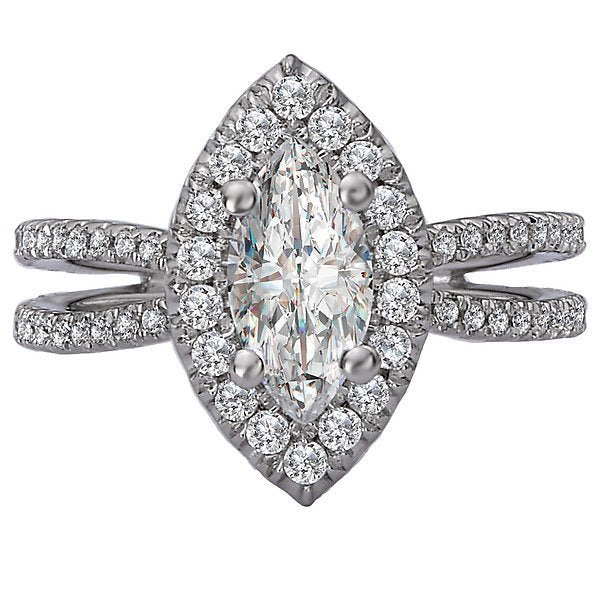 18KT White Gold 1/2 CTW Marquise Diamond Halo Split Shank Engagement Ring Setting - Perfect for 1 CT Center Stone, Ideal for Proposals & Weddings