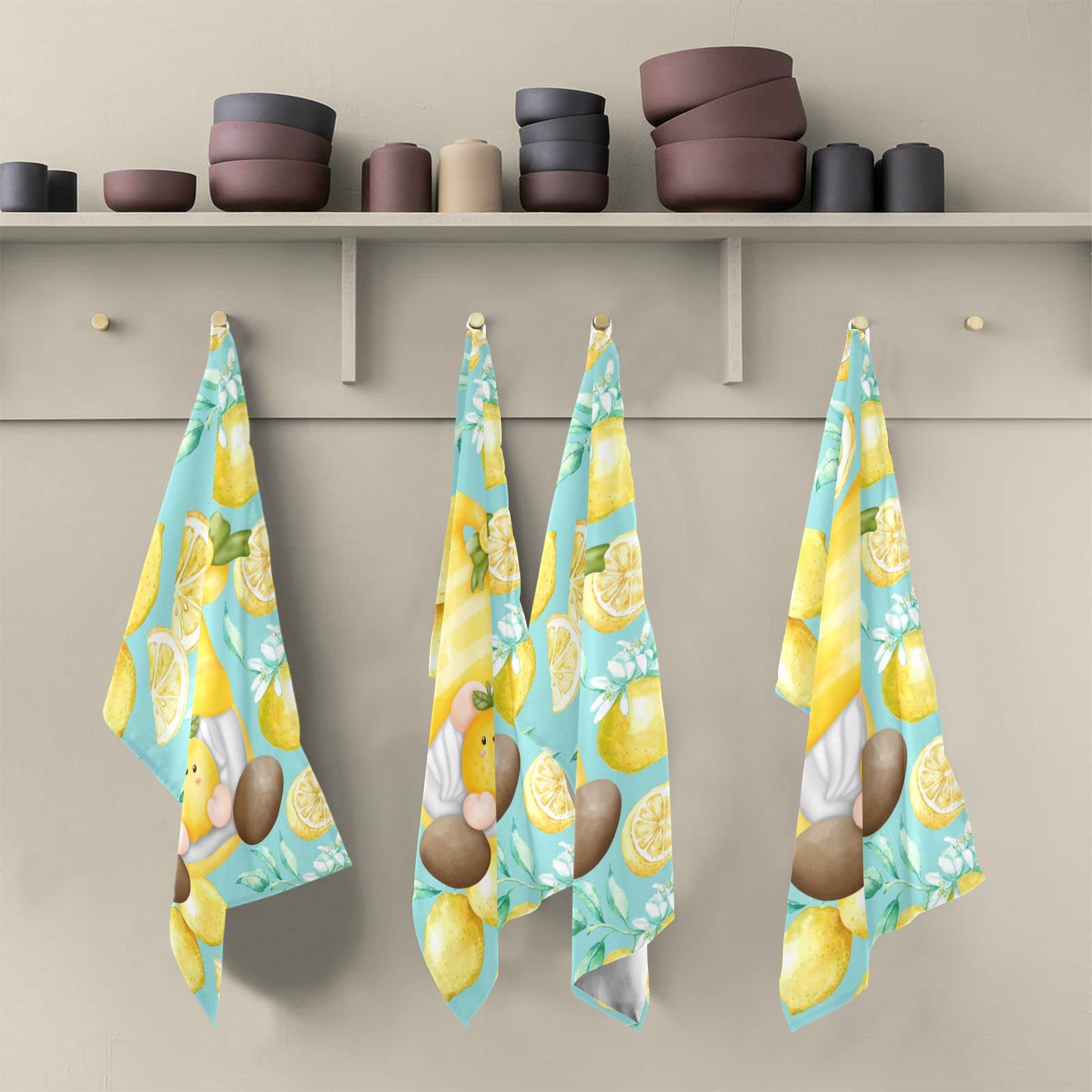 Gnome Lemon Teal Yellow Kitchen Towels Set of 4 - Super Absorbent Microfiber Dish Towels for Farmhouse Decor | Quick-Dry Hand Towels & Dishcloths for Kitchen Cleaning, Cooking & Hosting