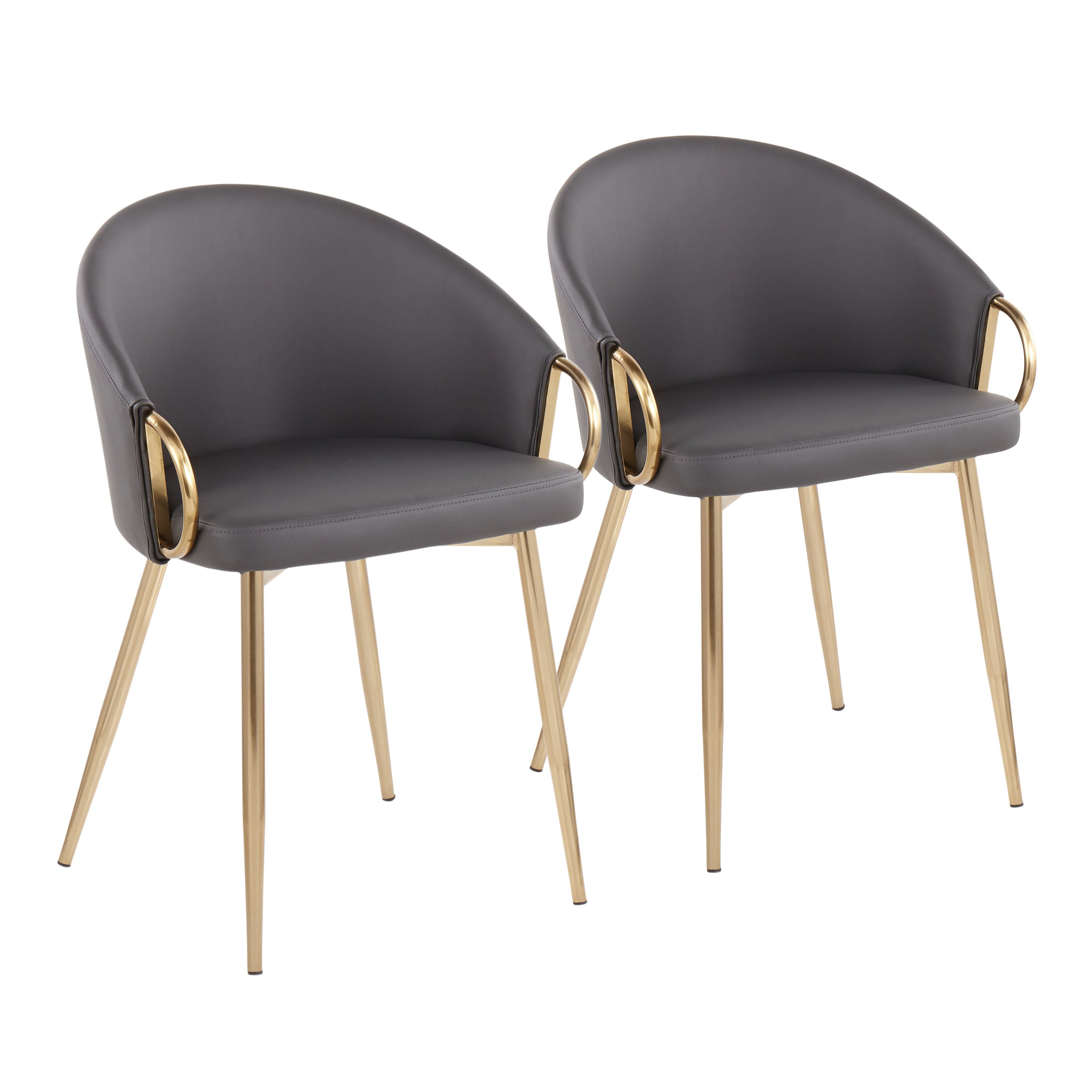 LumiSource Claire Modern Glam Accent Chairs - Set of 2 Gold Metal Frame with Gray Faux Leather Upholstery - Perfect for Living Room, Bedroom or Office Decor