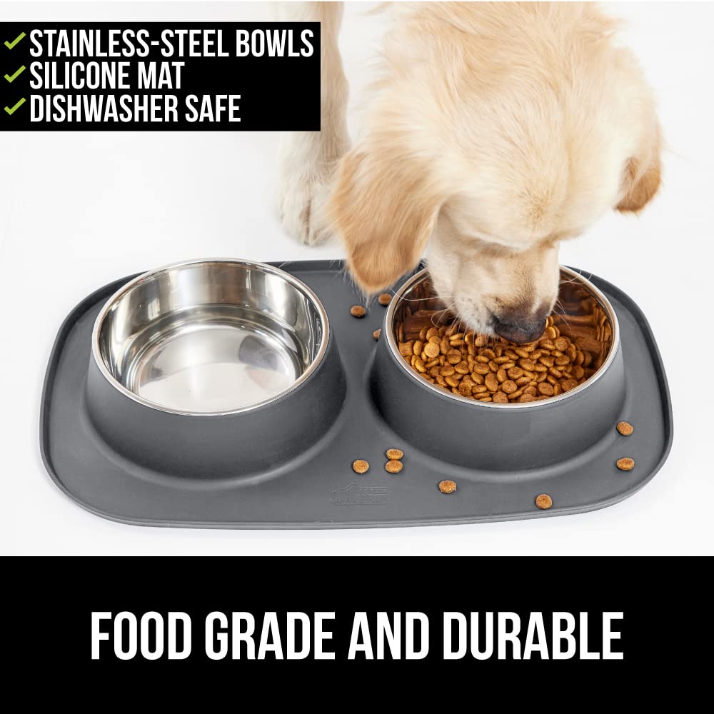Gorilla Grip Non-Slip Cat Mat & Silicone Pet Feeding Mat with Bowls Set - 24x17 Inch Cat Mat & 1 Cup Capacity Food Mat - Gray 2-Piece Bundle for Kittens & Dogs - Perfect for Messy Eaters & Water Bowl Areas