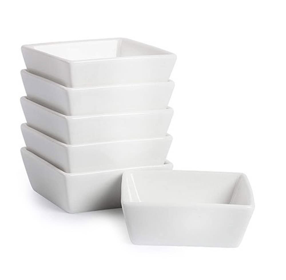 123Arts 6-Piece White Ceramic Square Condiment Dishes - Perfect for Seasoning, Pudding, Desserts & Appetizers - Ideal for Dining Table, Kitchen Counter & Party Serving