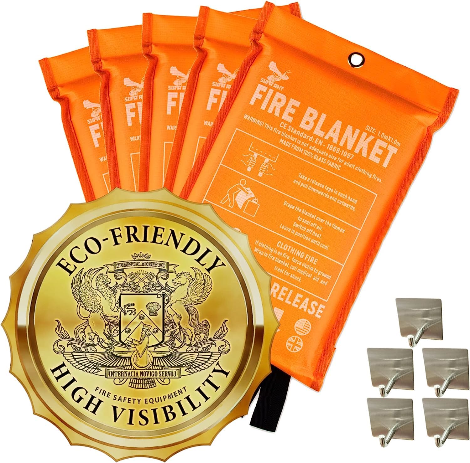 5-Pack Supa Ant Emergency Fire Blanket for Home & Kitchen - 1500°F Heat Resistant, Glow in The Dark for High Visibility - CE Certified Fire Safety Blanket (40in) - Perfect for Stove Fires, Camping & Emergency Preparedness