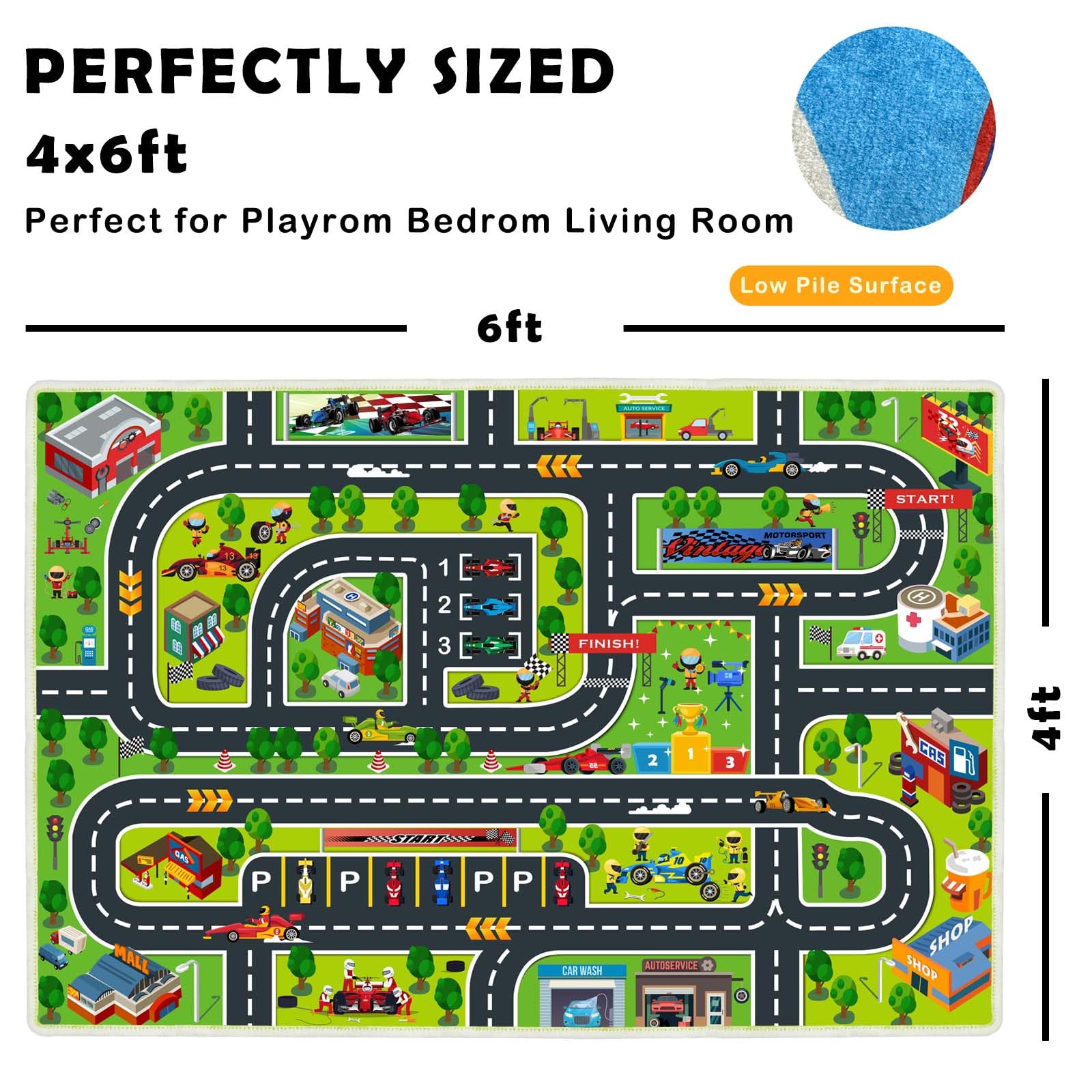 Kids Play Rug - Race Car Game Carpet for Playroom, Classroom & Bedroom | 3.9x5.9ft Non-Slip Floor Mat | Perfect for Pretend Play, Learning & Room Decor