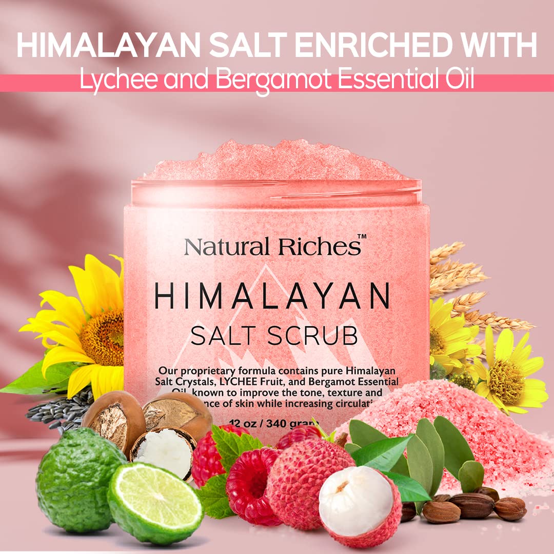 Natural Riches Himalayan Salt Exfoliating Body Scrub with Lychee Bergamot Essential Oil & Vitamin C - 12 Oz Deep Cleansing Foot & Skin Exfoliator for Moisturizing & Smoothing - Perfect for Spa Day, Dry Skin Care & At-Home Self-Care Routine