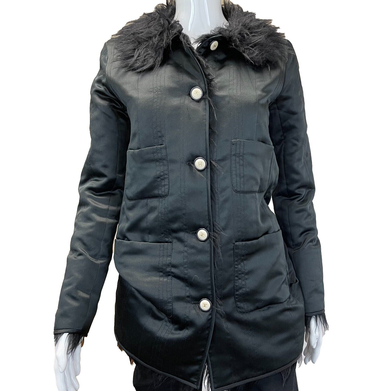 Chanel 17A Runway Black Air Force Parka with CC Logo Buttons & Faux Fur Collar - Size US 4 (36) | Luxury Winter Coat for Women, Fashion Outerwear for Street Style & Special Occasions