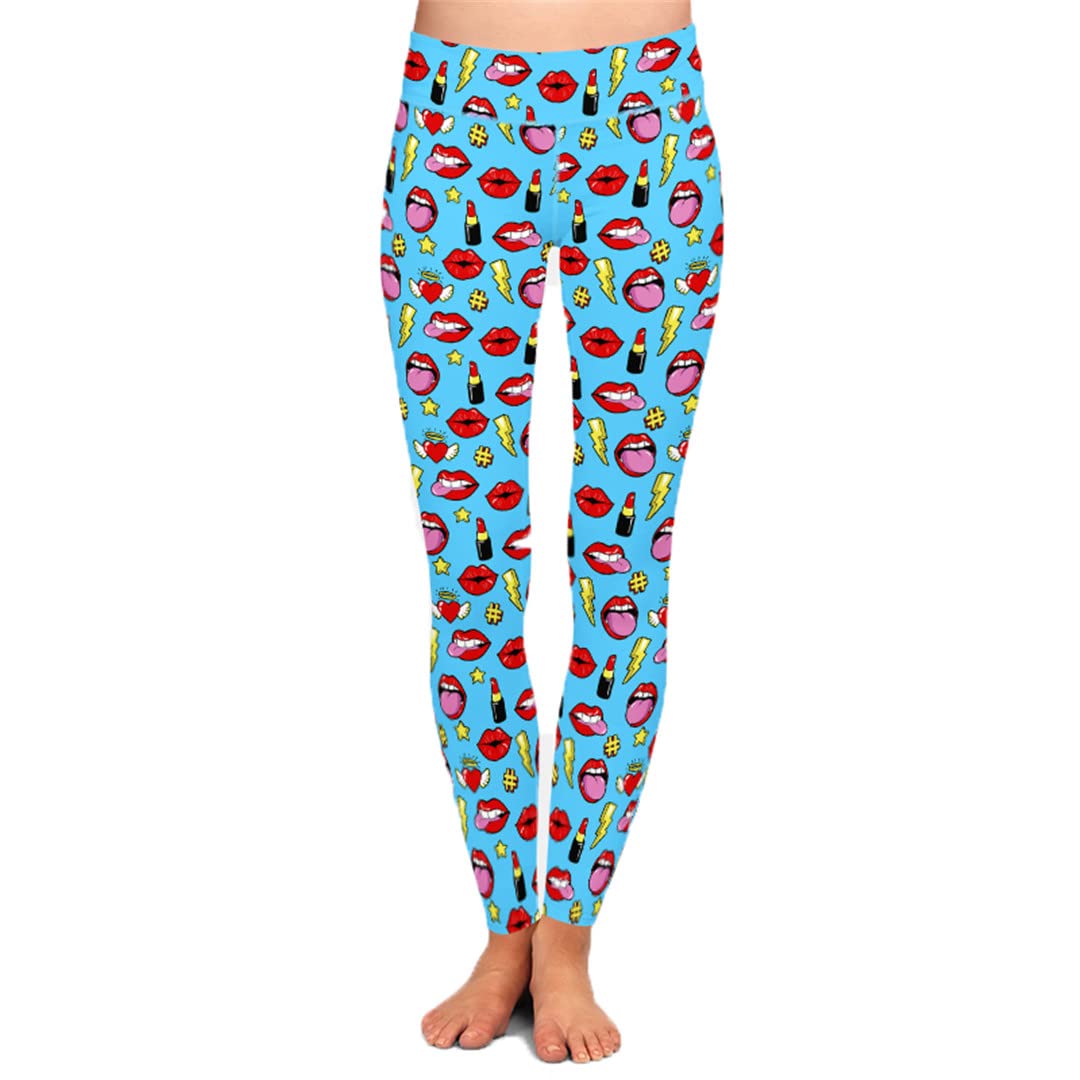 Women's High Waist Leggings with Lips & Hearts Patch Badges - Digital Printed Stretchy Workout Leggings for Yoga, Gym & Running