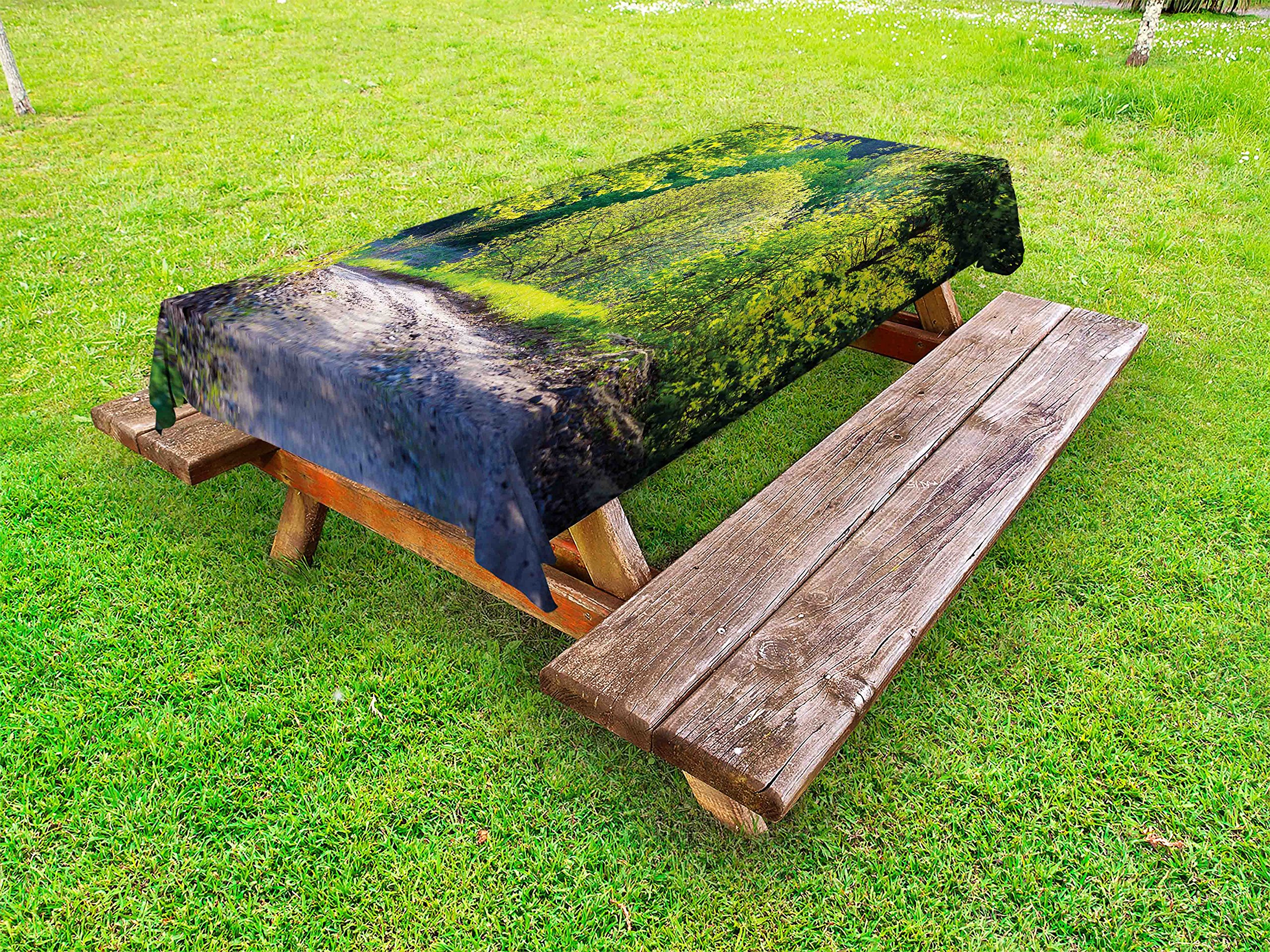 Ambesonne Spring Outdoor Tablecloth - Forest Lake Sunlight Design, Washable Picnic Table Cover 58x84 Inches, Lime Green & Grey - Perfect for Garden Parties, BBQs, and Outdoor Dining