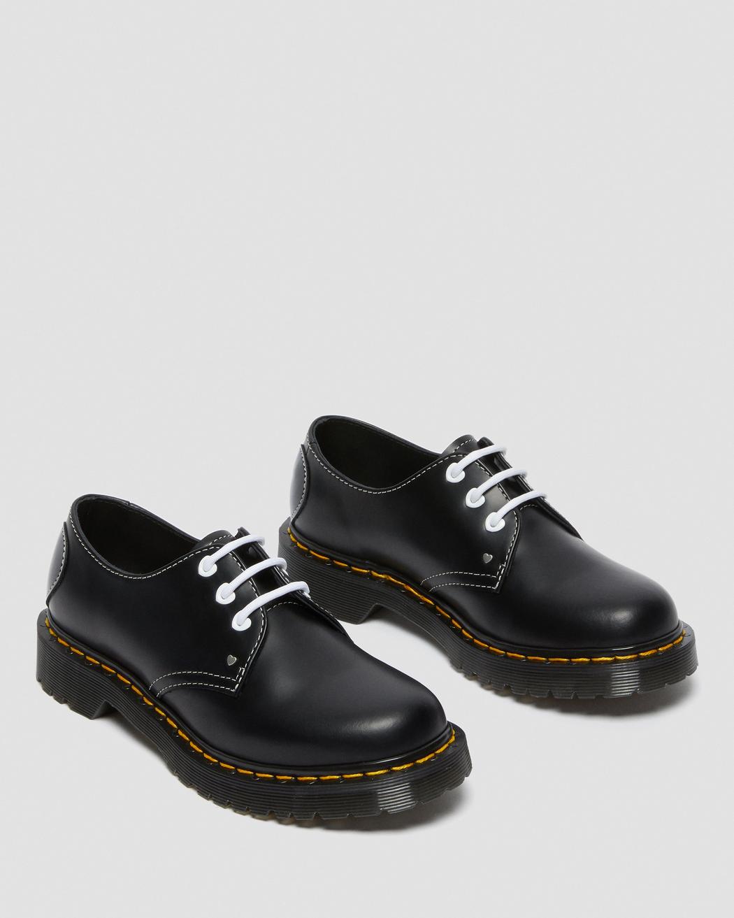 Dr. Martens 1461 Hearts Black Smooth & Patent Oxford Shoes for Men & Women - Classic 3-Eye Lace-Up Style for Casual Wear, Work & Everyday Outfits