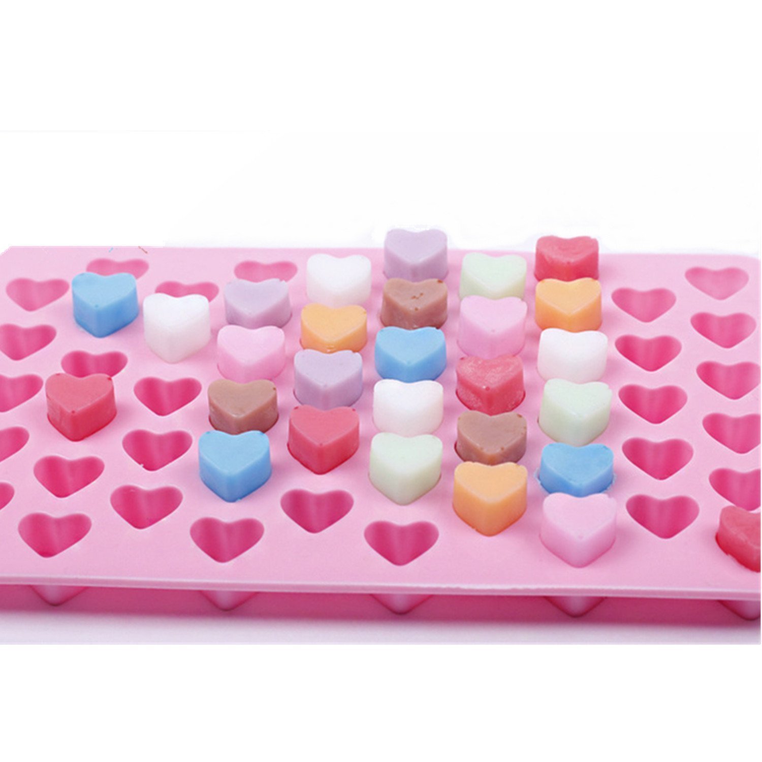 55-Piece Mini Heart Shaped Silicone Ice Cube Tray & Chocolate Mold - Pink for Valentine's Day, Cocktails, Baking & Party Decorations