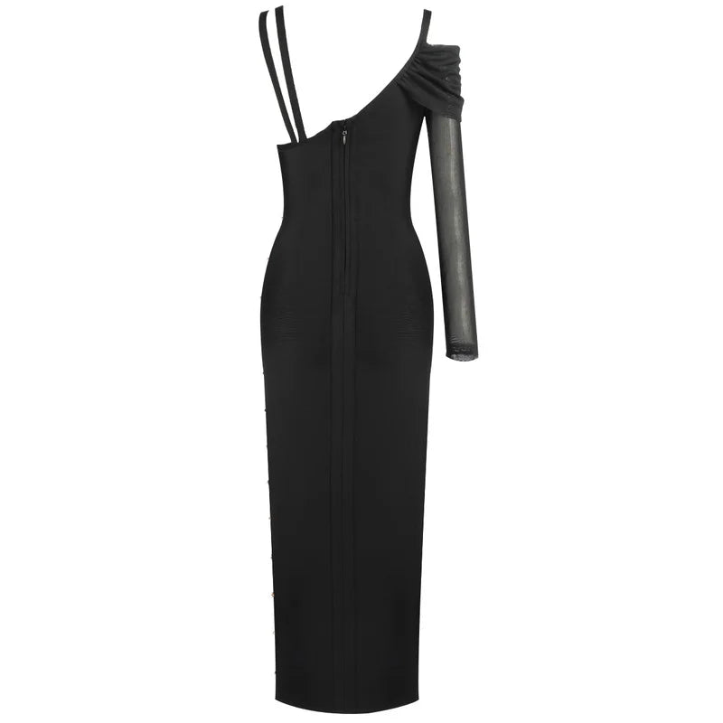 Elegant Black Long Sleeve One Shoulder Rayon Bandage Dress for Women - Sexy Bodycon Cocktail Party Dress with High Slit | Perfect for Night Out, Club, Date Night and Special Occasions