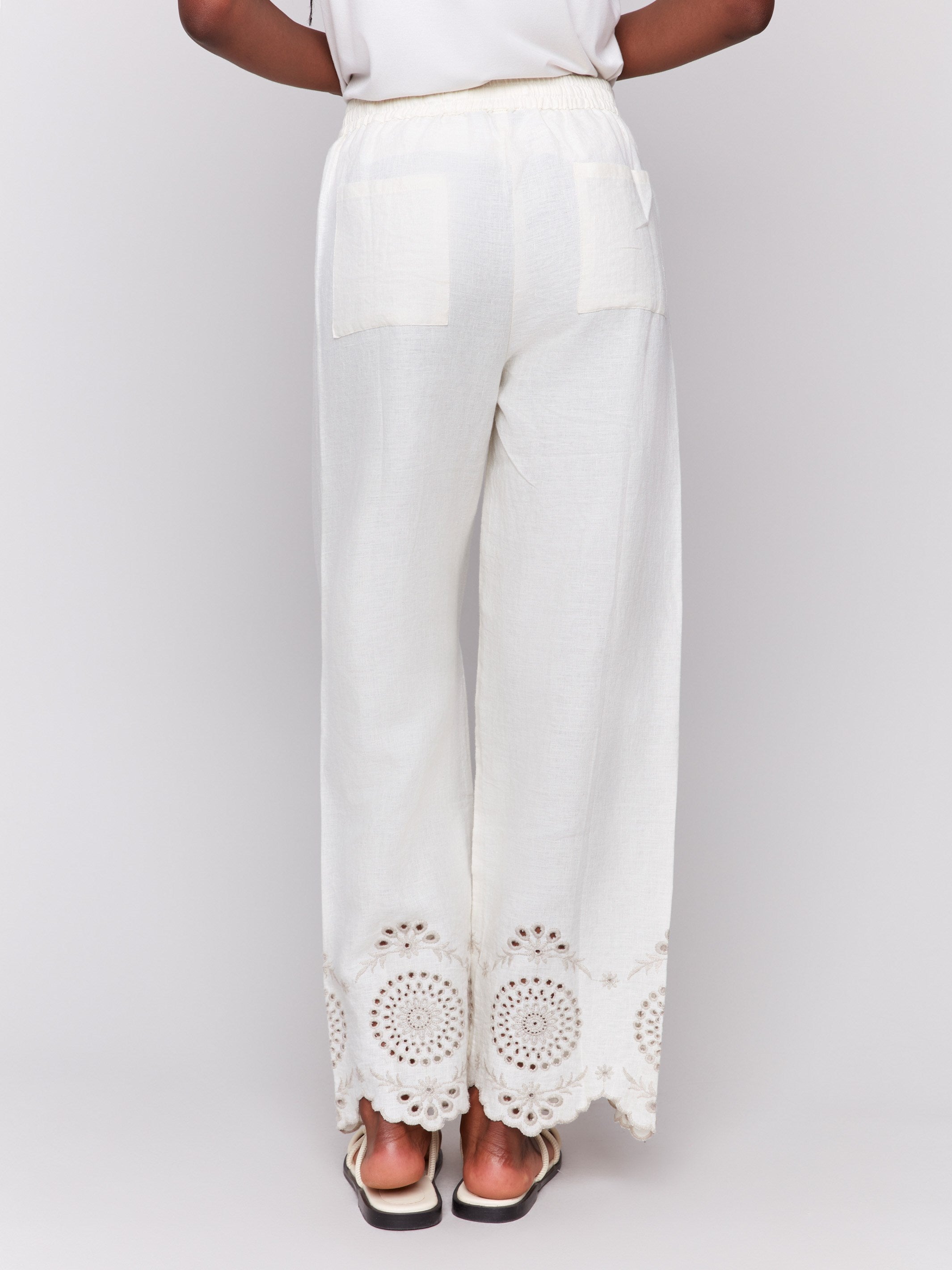 Breathable Pull On Linen Pants with Eyelet Embroidery - Natural Color for Women | Comfortable Summer Casual Wear for Beach, Travel & Lounge